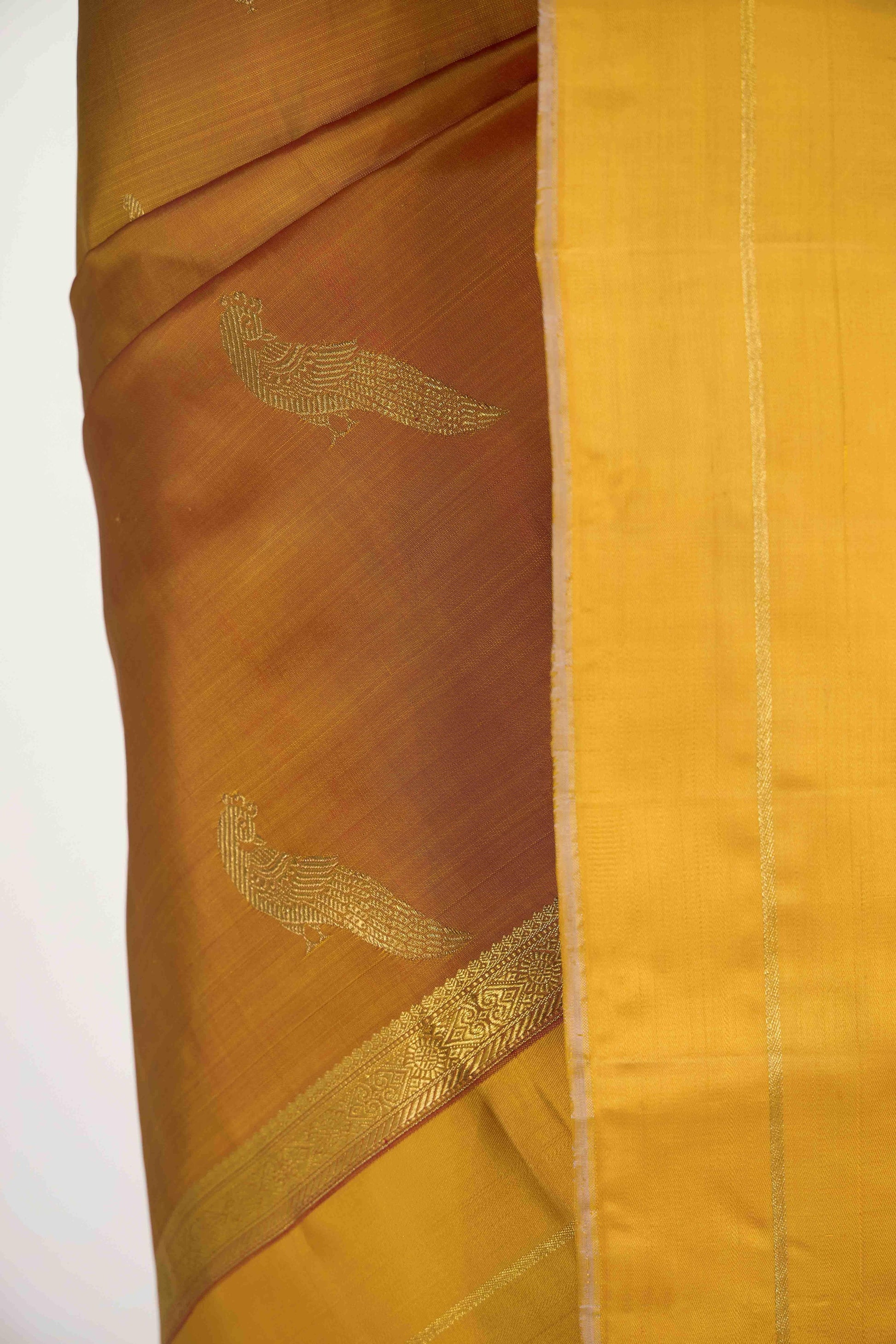 Varnika-Pure Silk Pure Gold Zari Yellow with Pink Dual Tone Kanchipuram Saree
