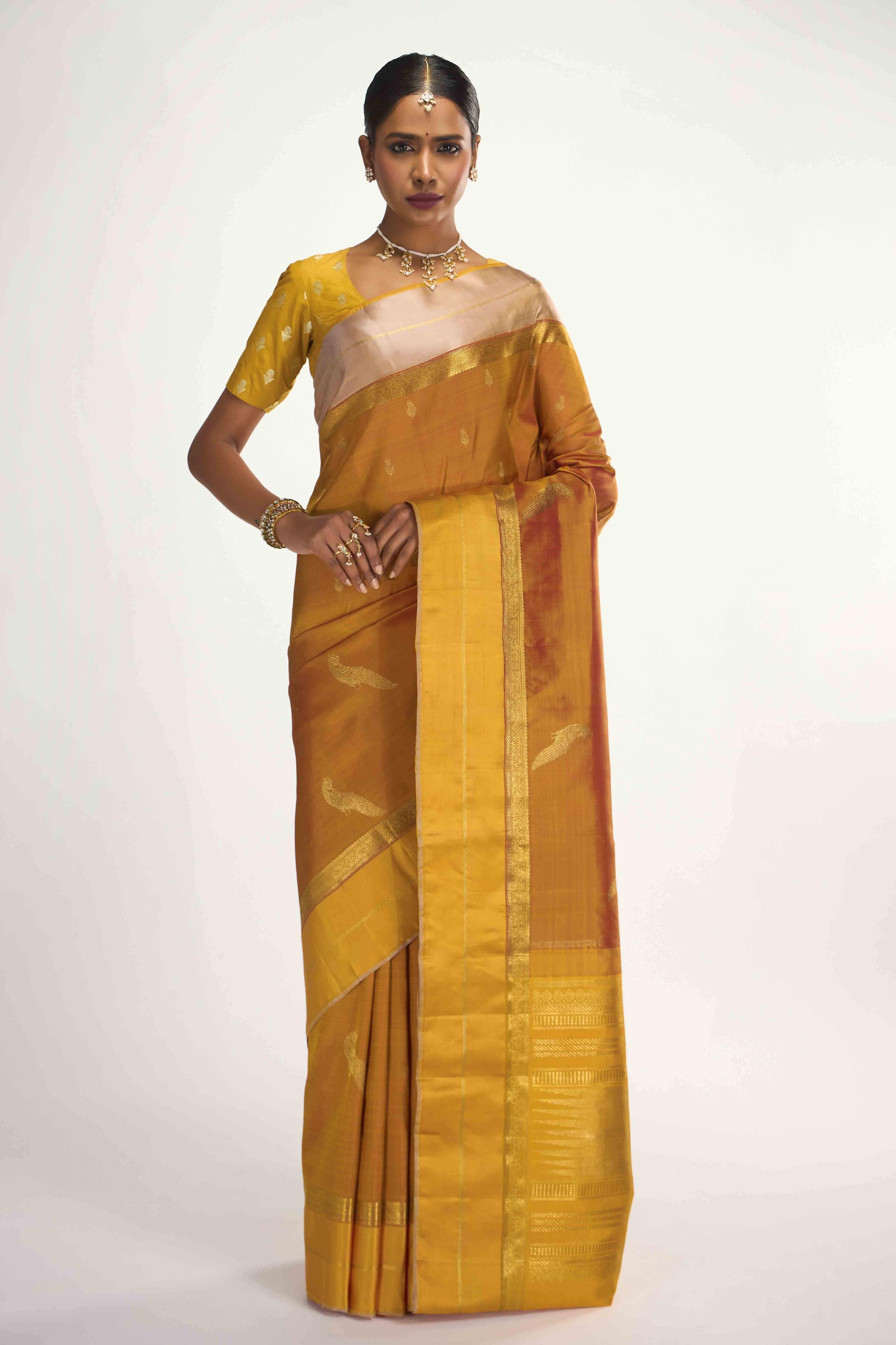 Varnika-Pure Silk Pure Gold Zari Yellow with Pink Dual Tone Kanchipuram Saree