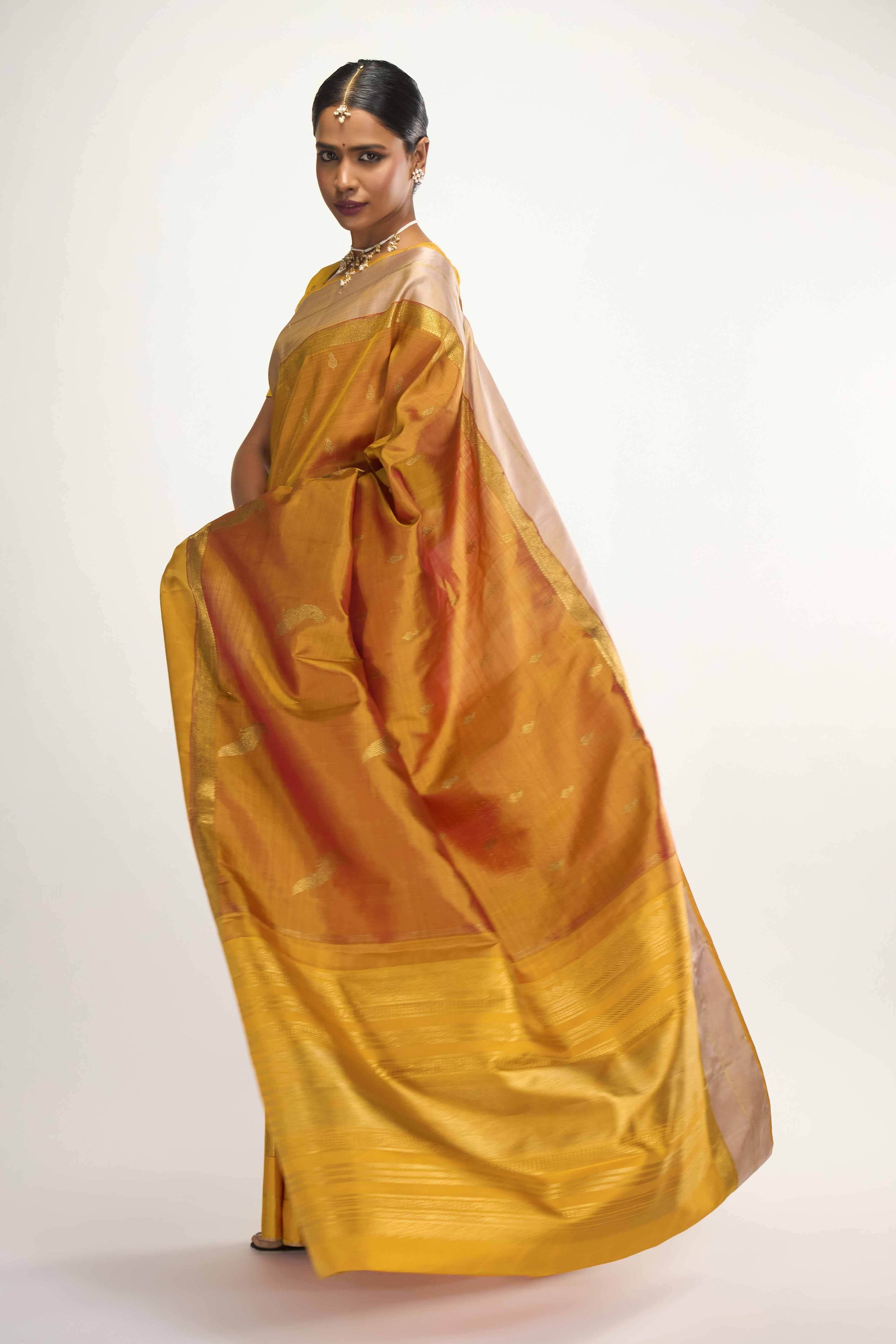 Varnika-Pure Silk Pure Gold Zari Yellow with Pink Dual Tone Kanchipuram Saree