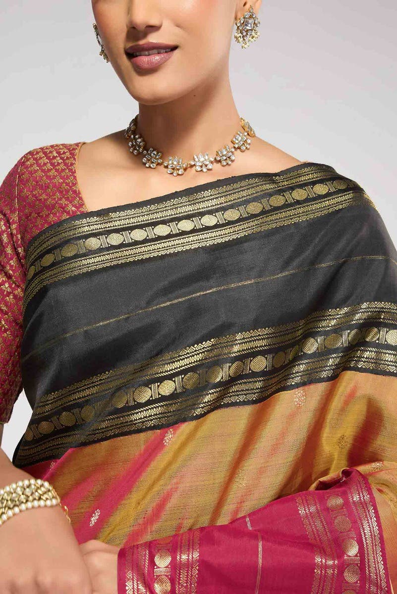 Kamala-Pure Silk Pure Gold Zari Mustard with Red Dual Tone Kanchipuram Saree