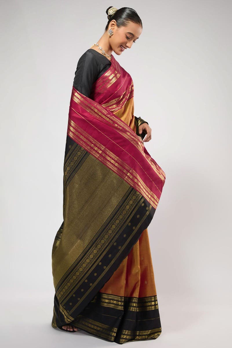Kamala-Pure Silk Pure Gold Zari Mustard with Red Dual Tone Kanchipuram Saree