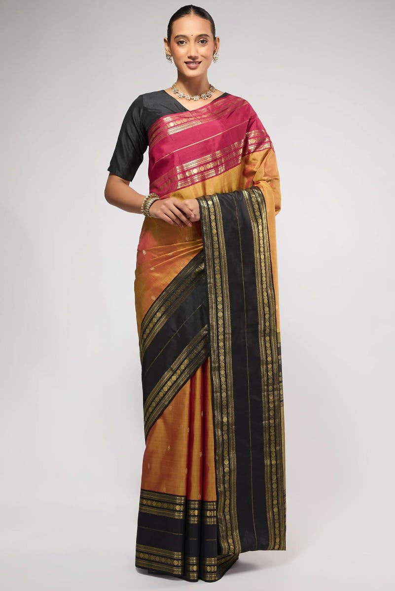 Kamala-Pure Silk Pure Gold Zari Mustard with Red Dual Tone Kanchipuram Saree