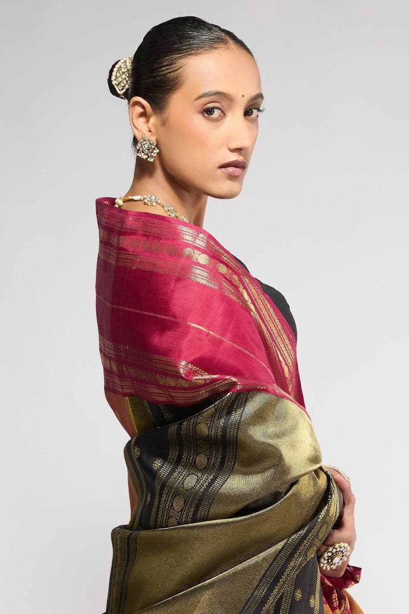 Kamala-Pure Silk Pure Gold Zari Mustard with Red Dual Tone Kanchipuram Saree