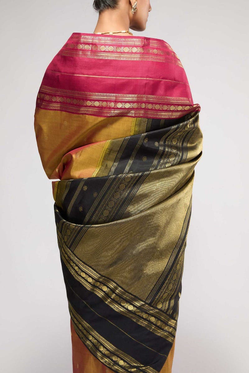 Kamala-Pure Silk Pure Gold Zari Mustard with Red Dual Tone Kanchipuram Saree