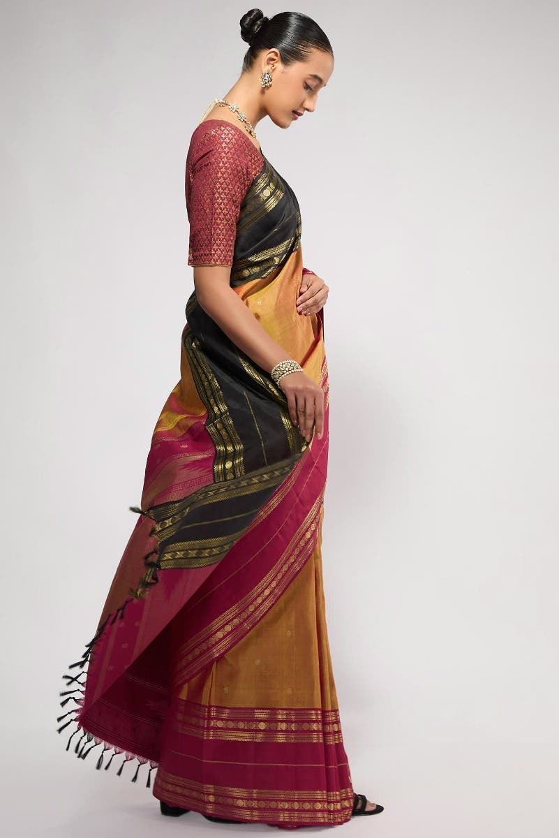 Kamala-Pure Silk Pure Gold Zari Mustard with Red Dual Tone Kanchipuram Saree