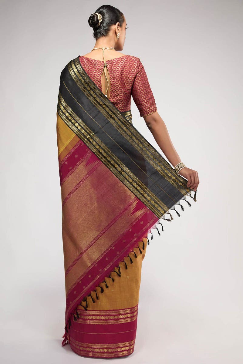 Kamala-Pure Silk Pure Gold Zari Mustard with Red Dual Tone Kanchipuram Saree