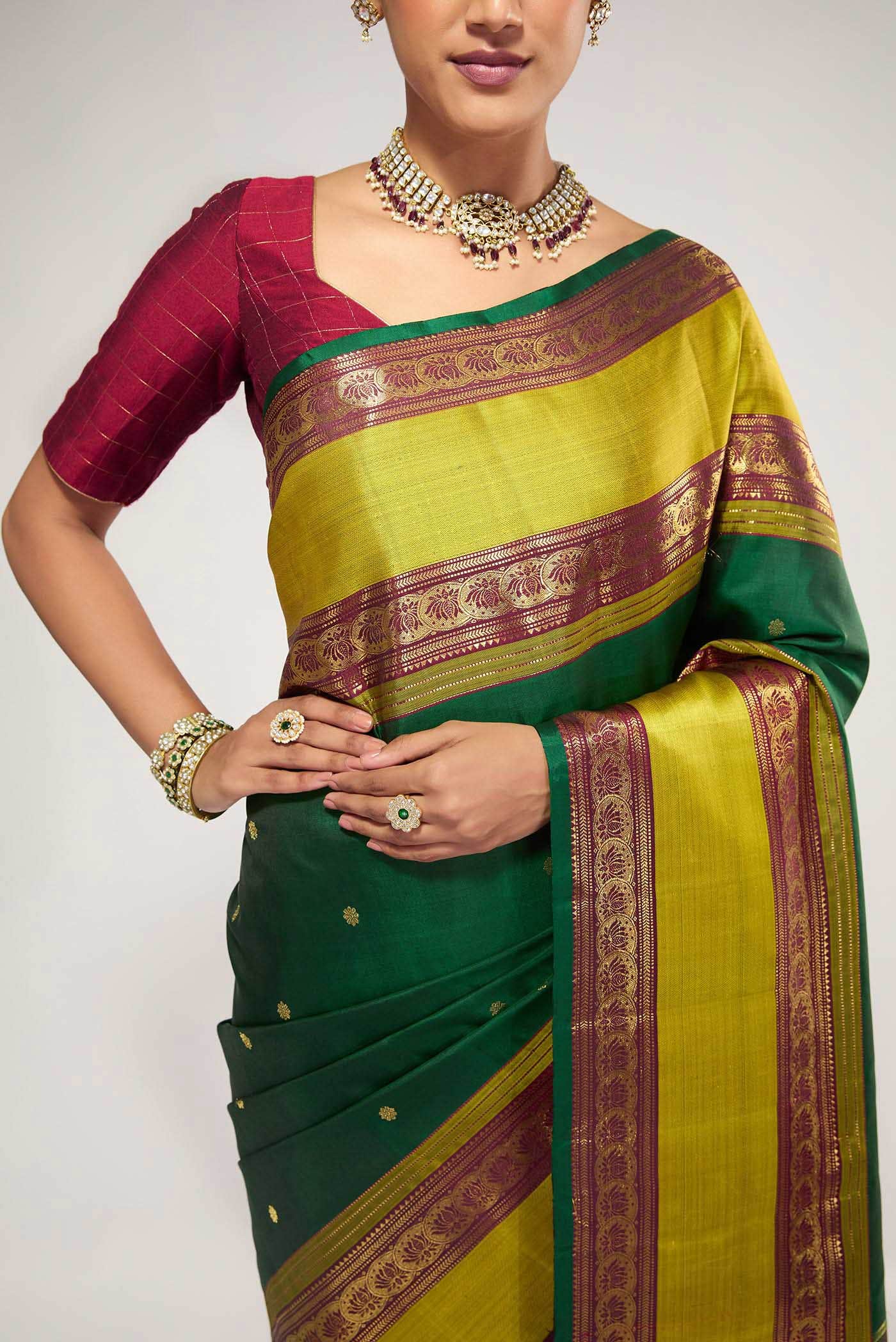 Tamira-Pure Silk Pure Gold Zari Green Kanchipuram Saree