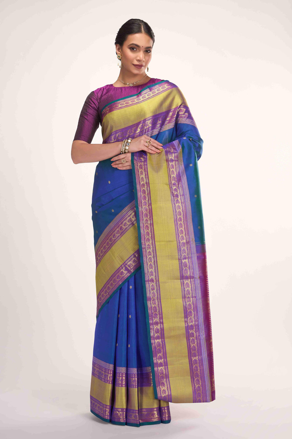 Tamira-Pure Silk Pure Gold Zari Blue with Green Dual Tone Kanchipuram Saree