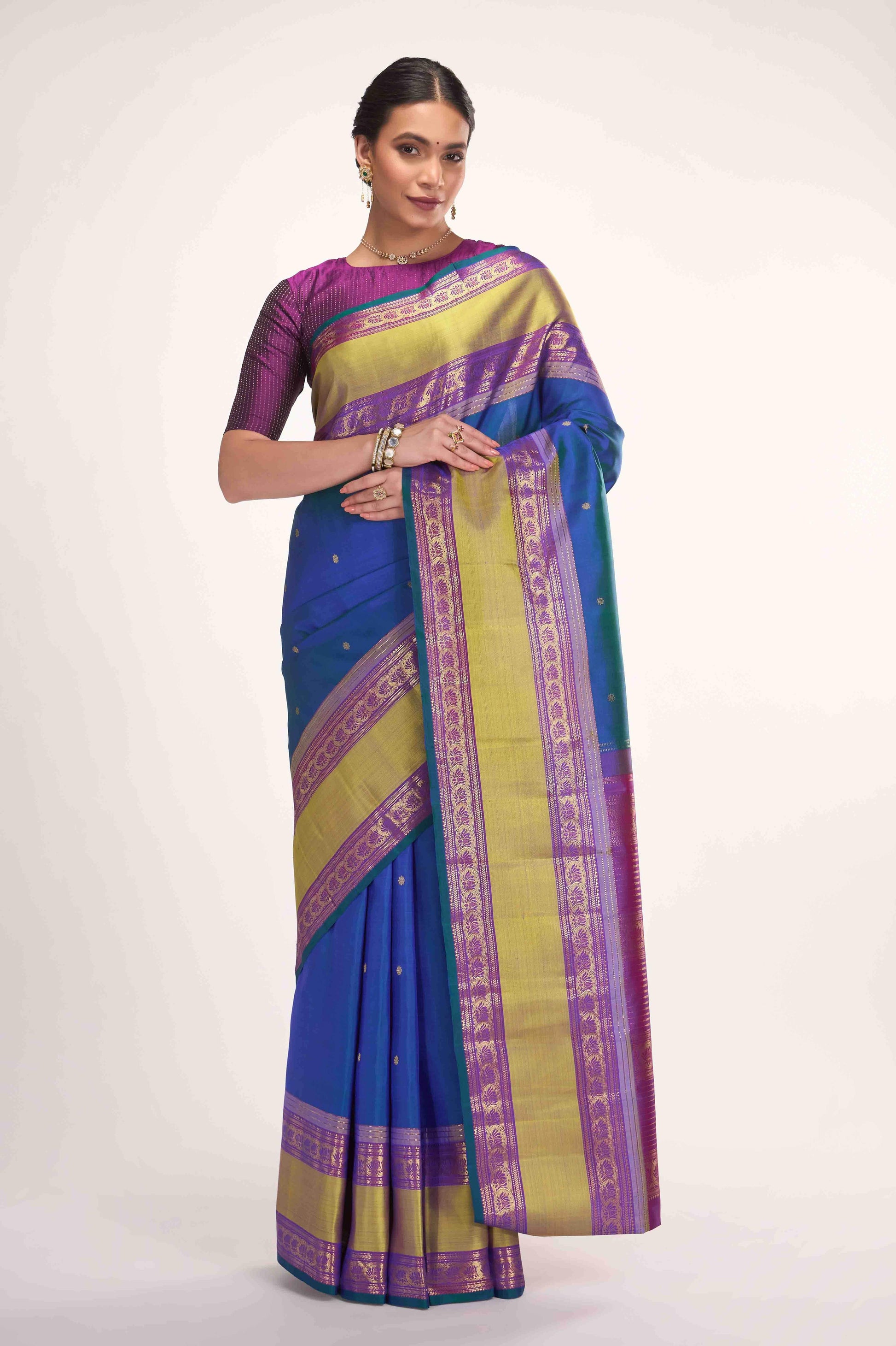 Tamira-Pure Silk Pure Gold Zari Blue with Green Dual Tone Kanchipuram Saree