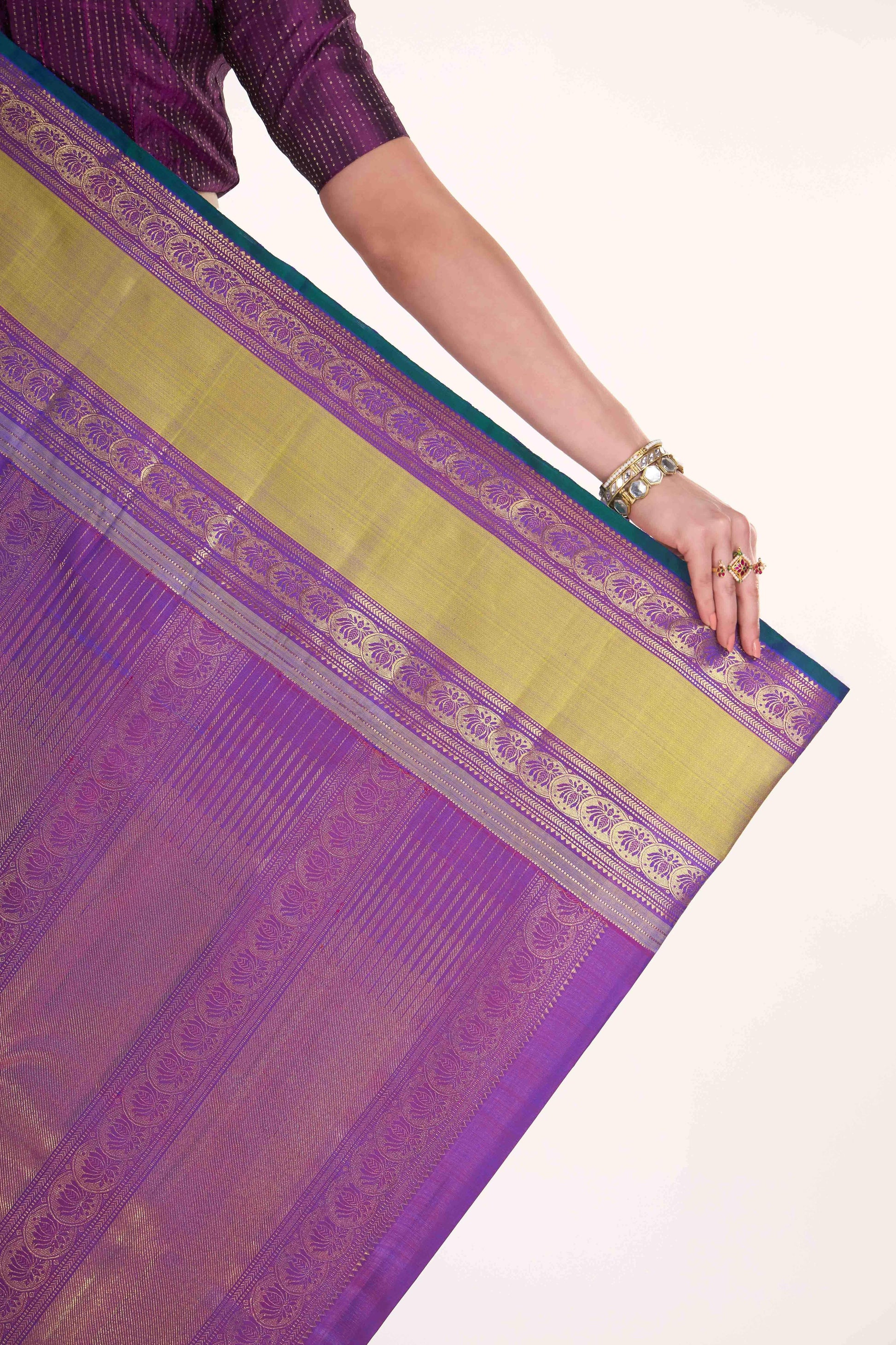 Tamira-Pure Silk Pure Gold Zari Blue with Green Dual Tone Kanchipuram Saree