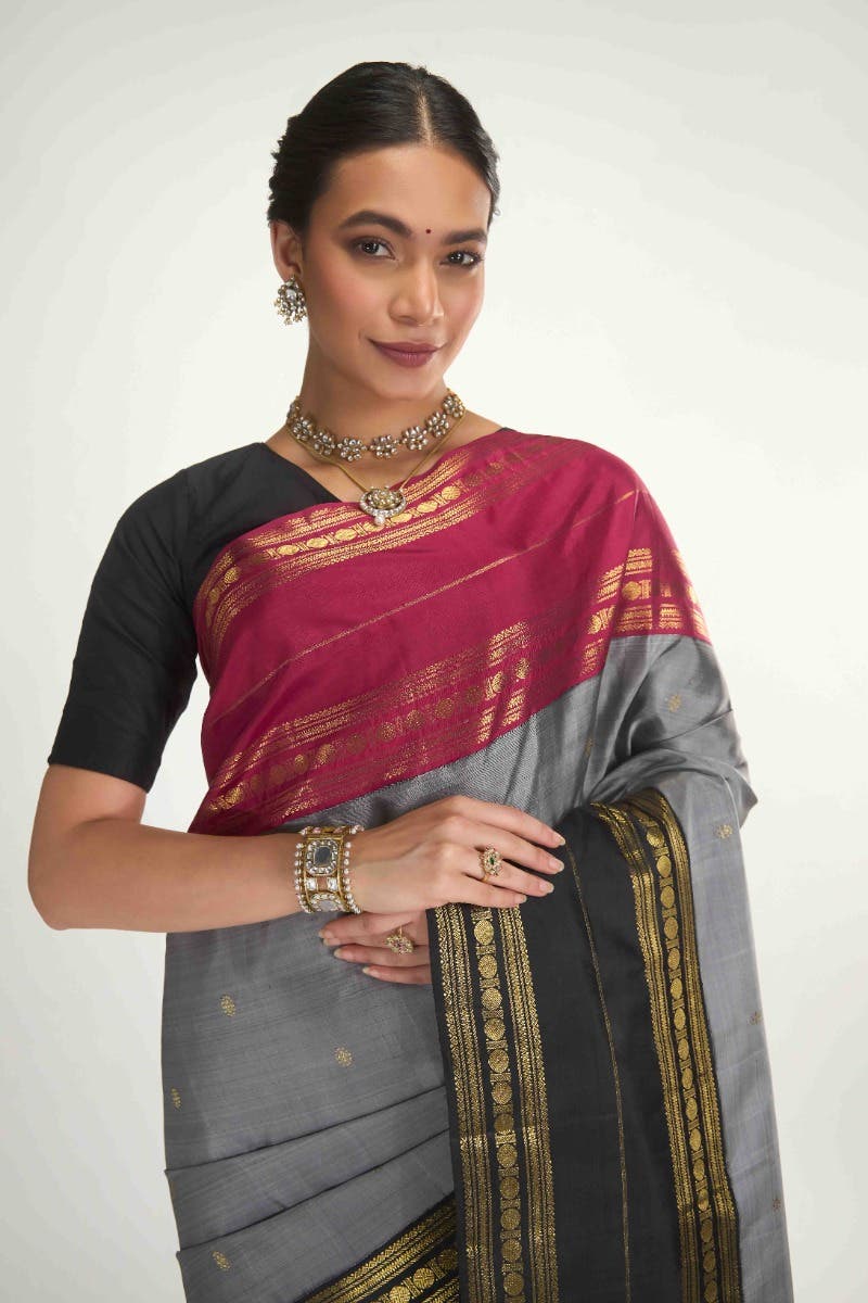 Kamala-Pure Silk Pure Gold Zari Grey Kanchipuram Saree