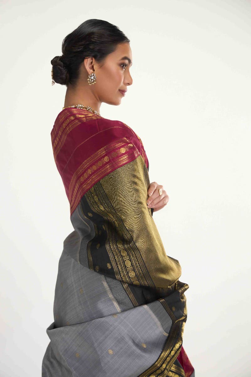 Kamala-Pure Silk Pure Gold Zari Grey Kanchipuram Saree