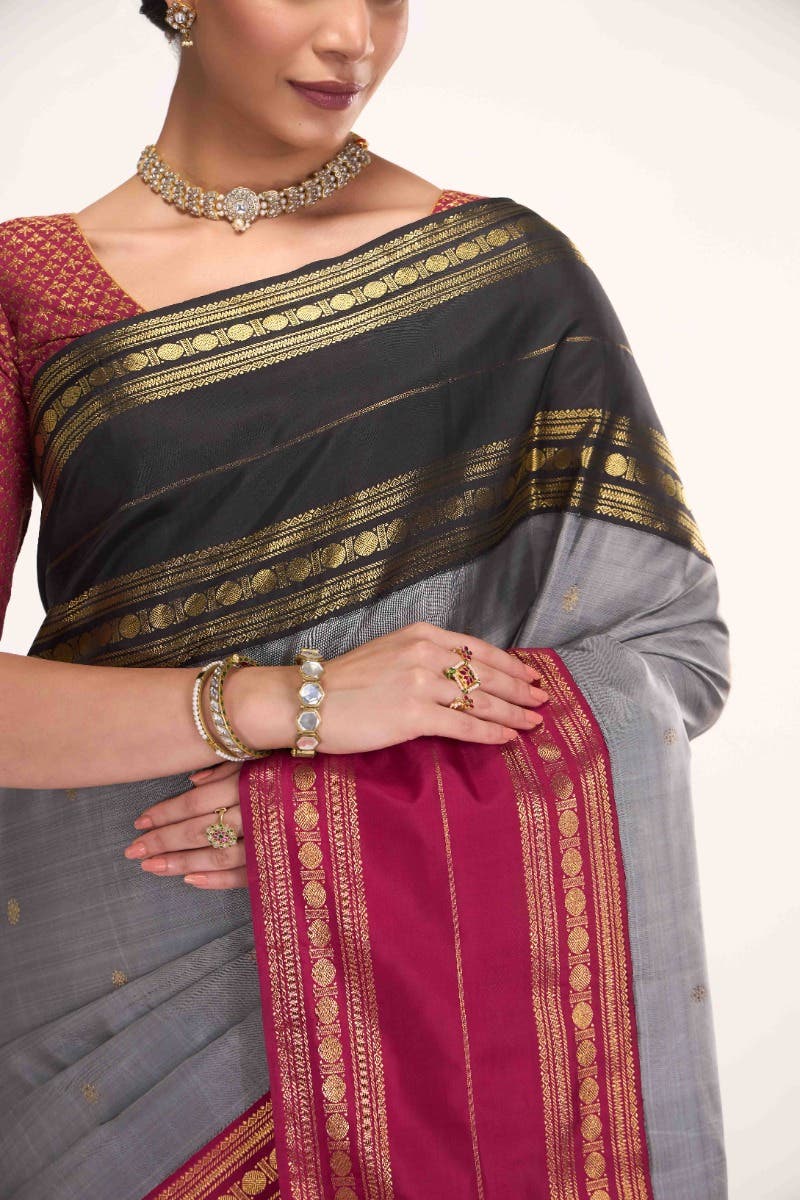 Kamala-Pure Silk Pure Gold Zari Grey Kanchipuram Saree