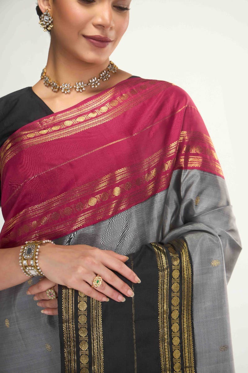 Kamala-Pure Silk Pure Gold Zari Grey Kanchipuram Saree