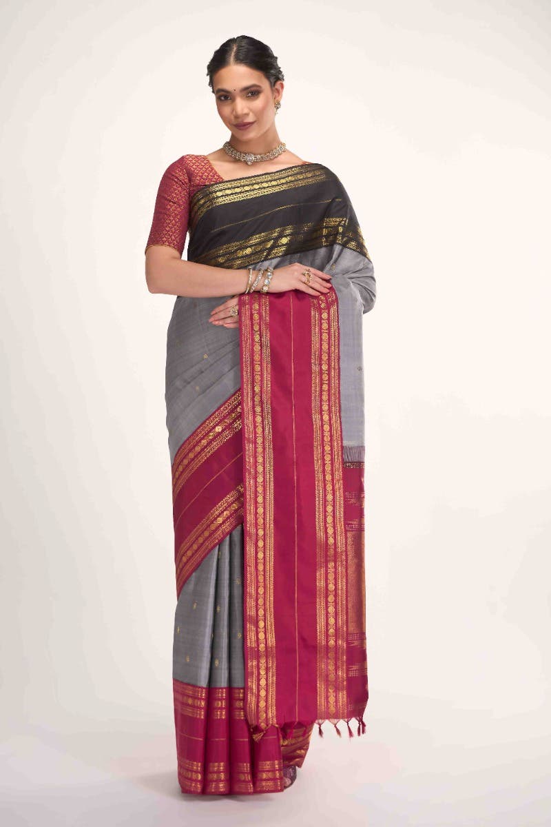 Kamala-Pure Silk Pure Gold Zari Grey Kanchipuram Saree