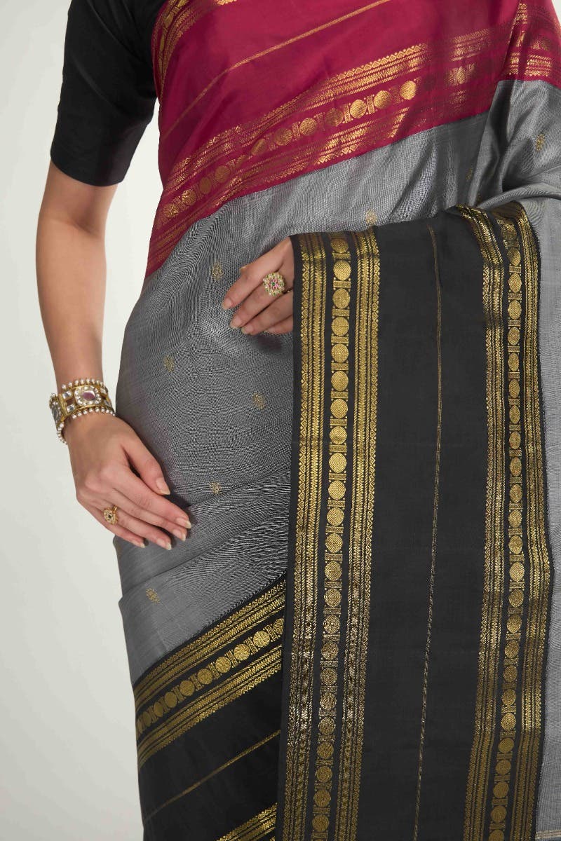 Kamala-Pure Silk Pure Gold Zari Grey Kanchipuram Saree