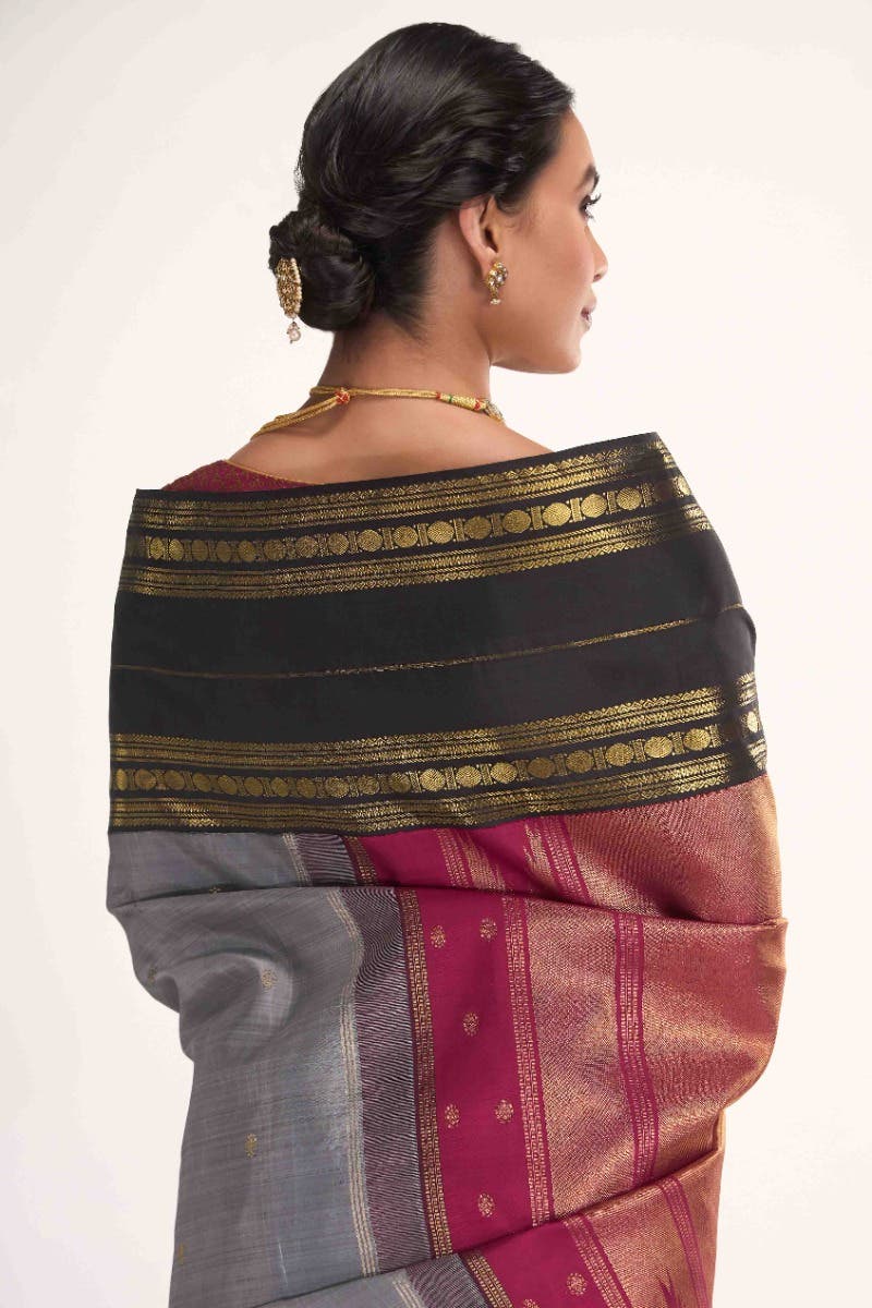 Kamala-Pure Silk Pure Gold Zari Grey Kanchipuram Saree