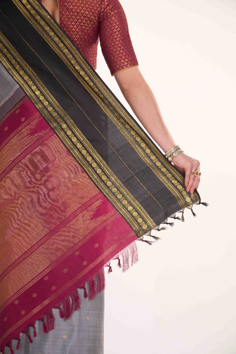 Kamala-Pure Silk Pure Gold Zari Grey Kanchipuram Saree