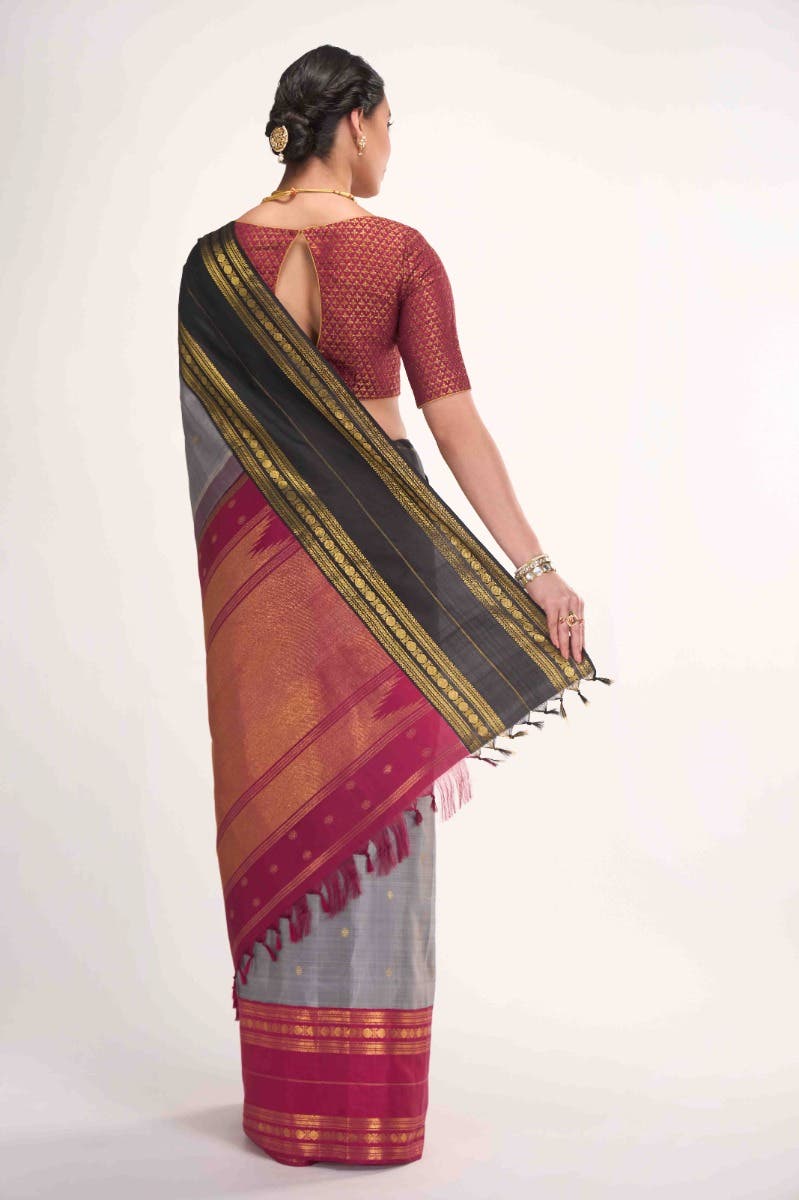 Kamala-Pure Silk Pure Gold Zari Grey Kanchipuram Saree
