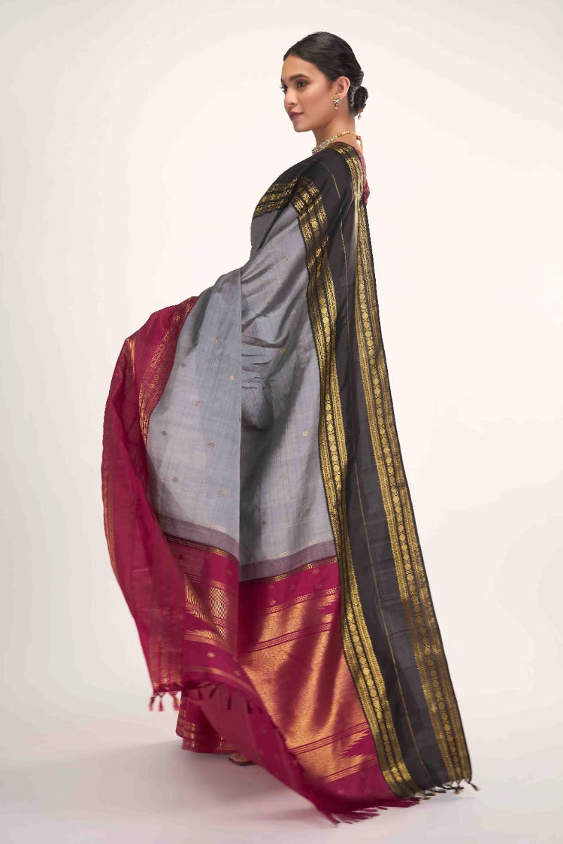 Kamala-Pure Silk Pure Gold Zari Grey Kanchipuram Saree