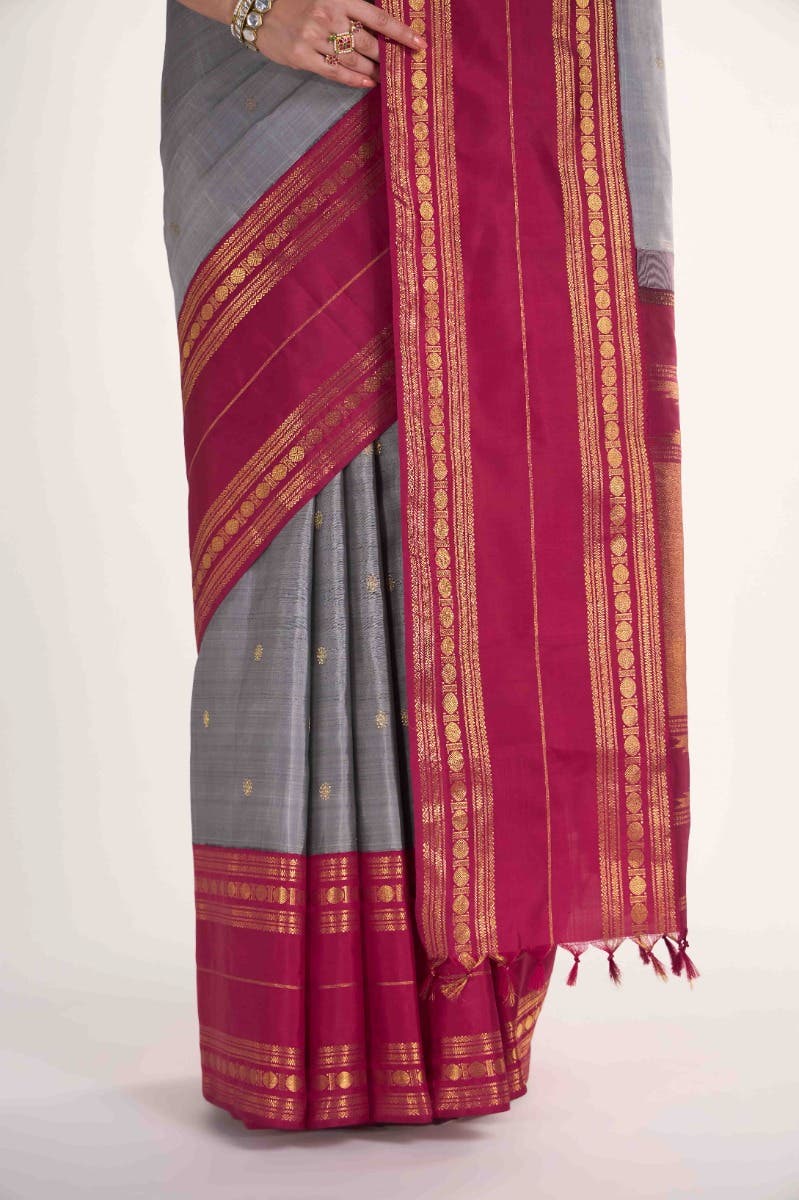 Kamala-Pure Silk Pure Gold Zari Grey Kanchipuram Saree