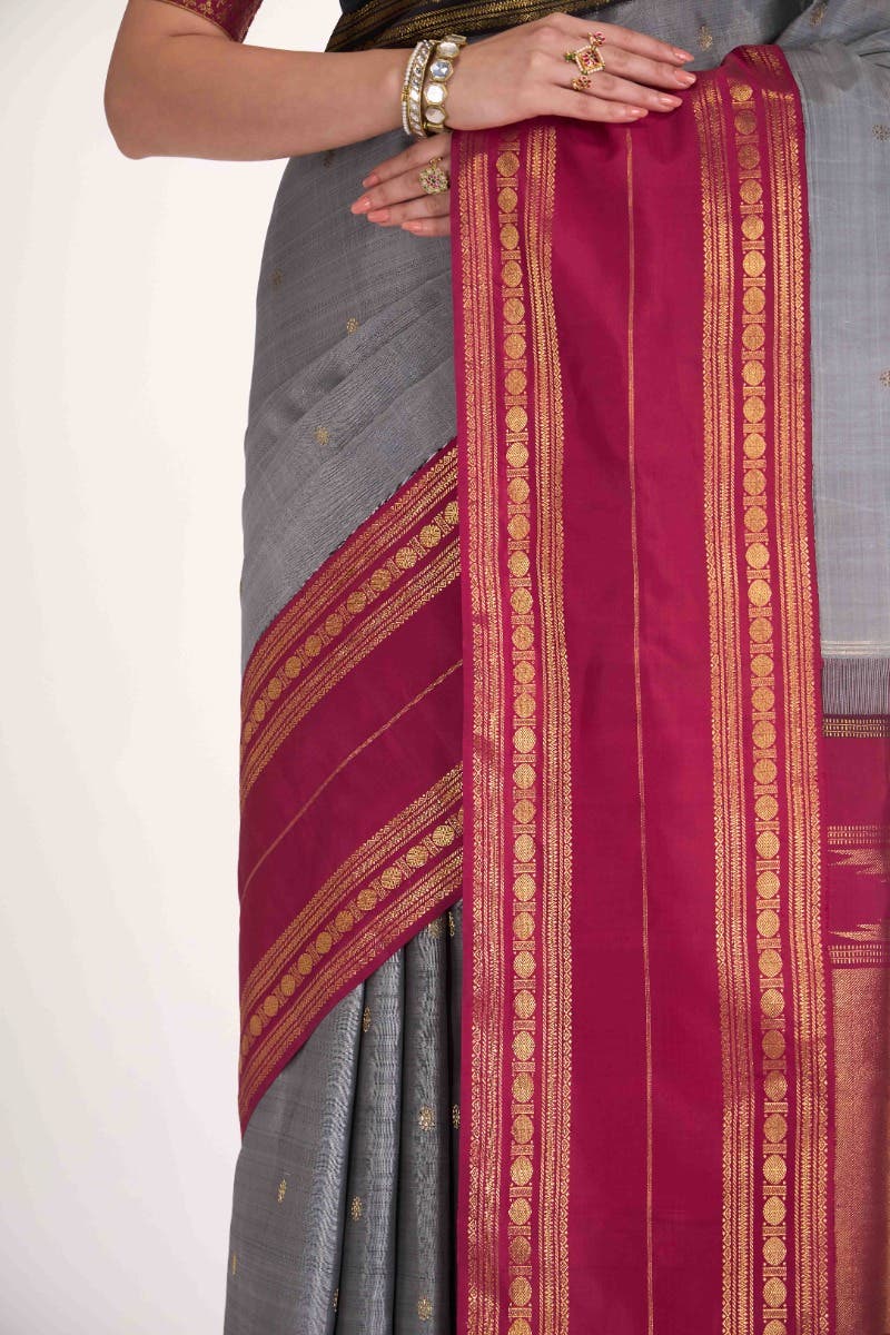 Kamala-Pure Silk Pure Gold Zari Grey Kanchipuram Saree