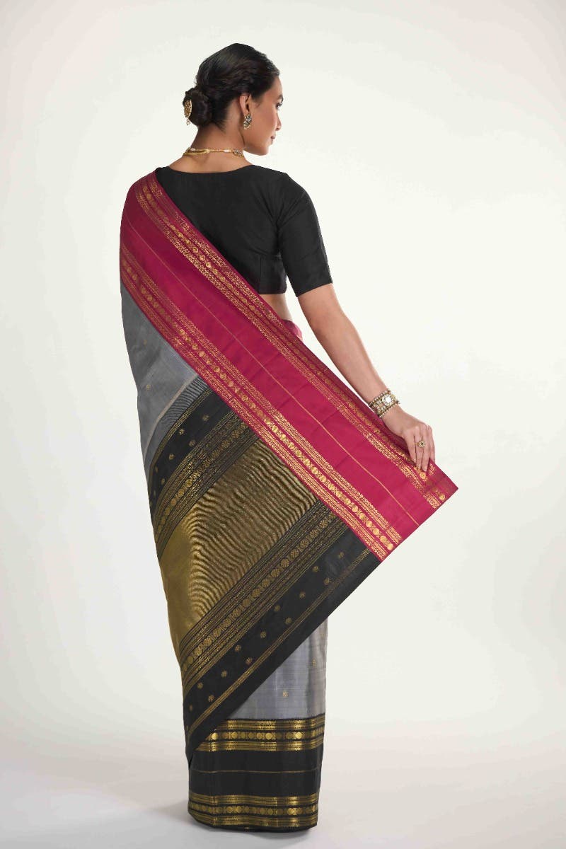 Kamala-Pure Silk Pure Gold Zari Grey Kanchipuram Saree