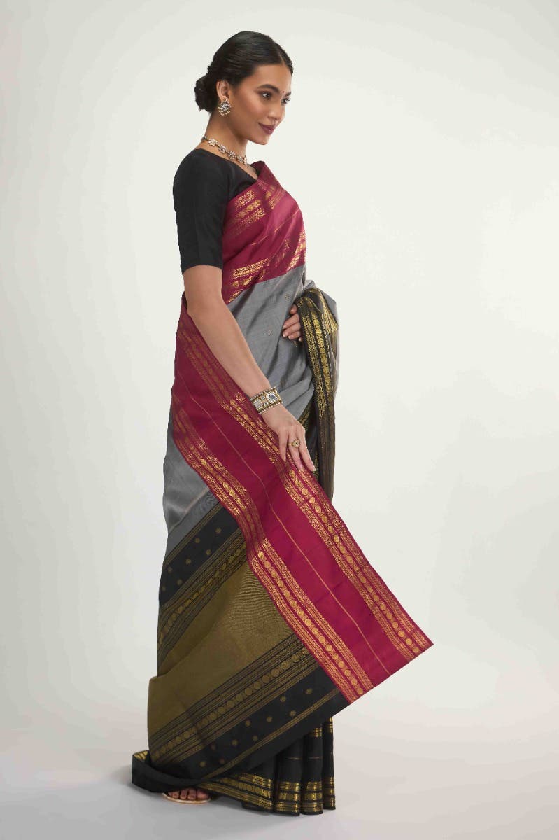 Kamala-Pure Silk Pure Gold Zari Grey Kanchipuram Saree