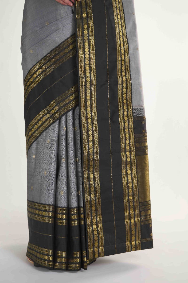 Kamala-Pure Silk Pure Gold Zari Grey Kanchipuram Saree