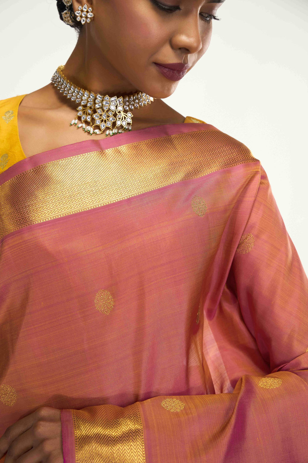 Thiruvakshi-Pure Silk Pure Gold Zari Mustard Yellow with Pink Dual Tone Kanchipuram Saree