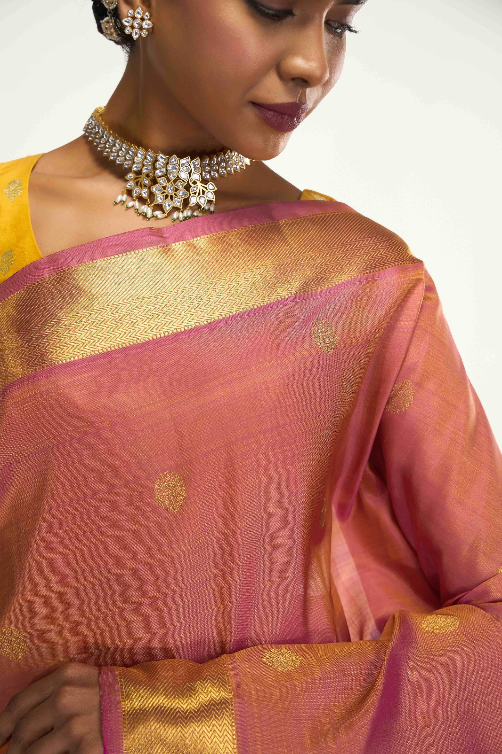 Thiruvakshi-Pure Silk Pure Gold Zari Mustard Yellow with Pink Dual Tone Kanchipuram Saree