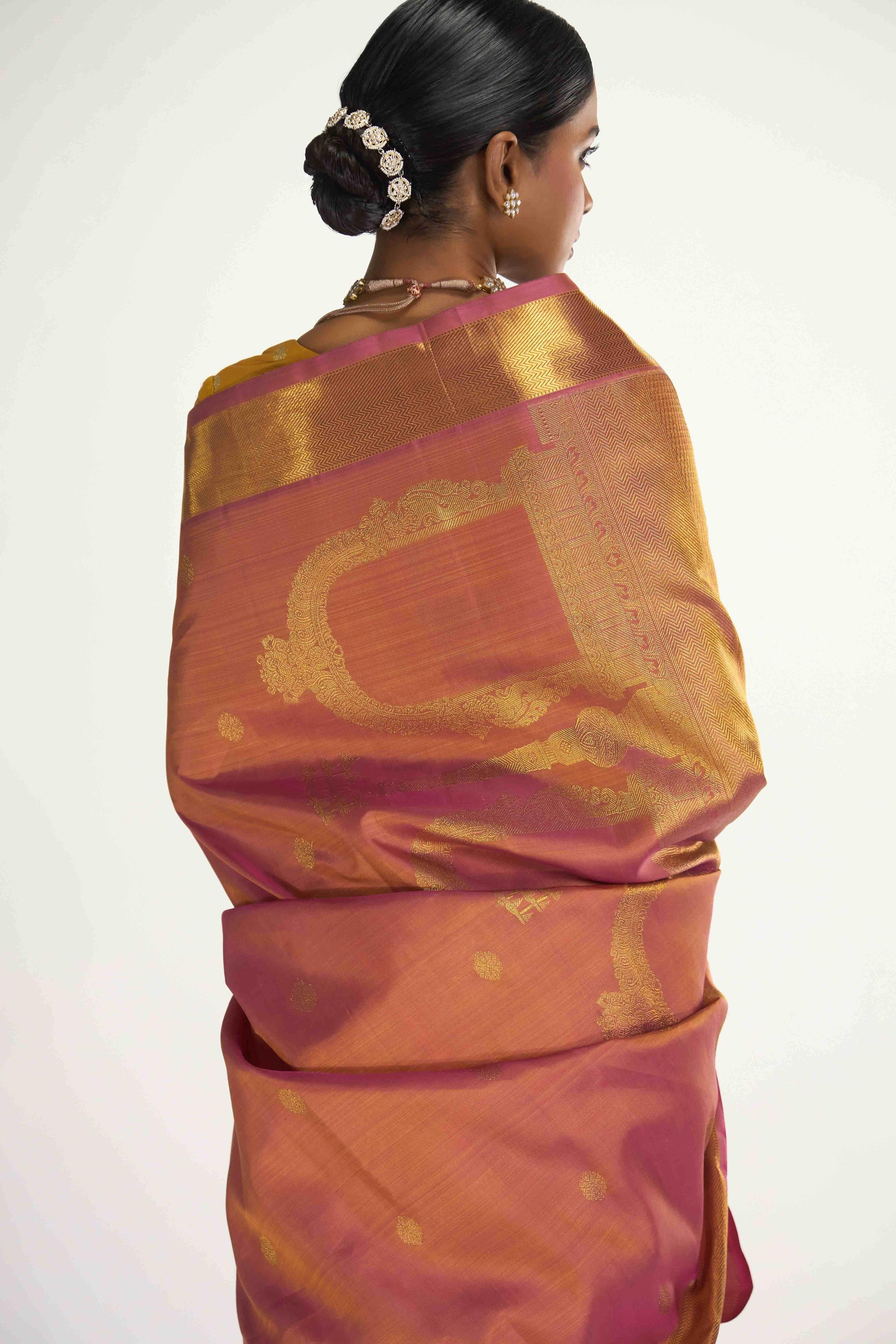 Thiruvakshi-Pure Silk Pure Gold Zari Mustard Yellow with Pink Dual Tone Kanchipuram Saree