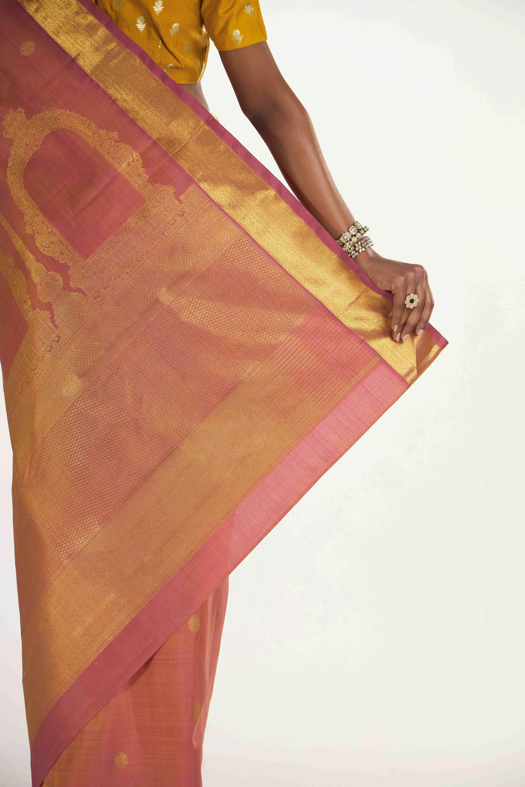 Thiruvakshi-Pure Silk Pure Gold Zari Mustard Yellow with Pink Dual Tone Kanchipuram Saree