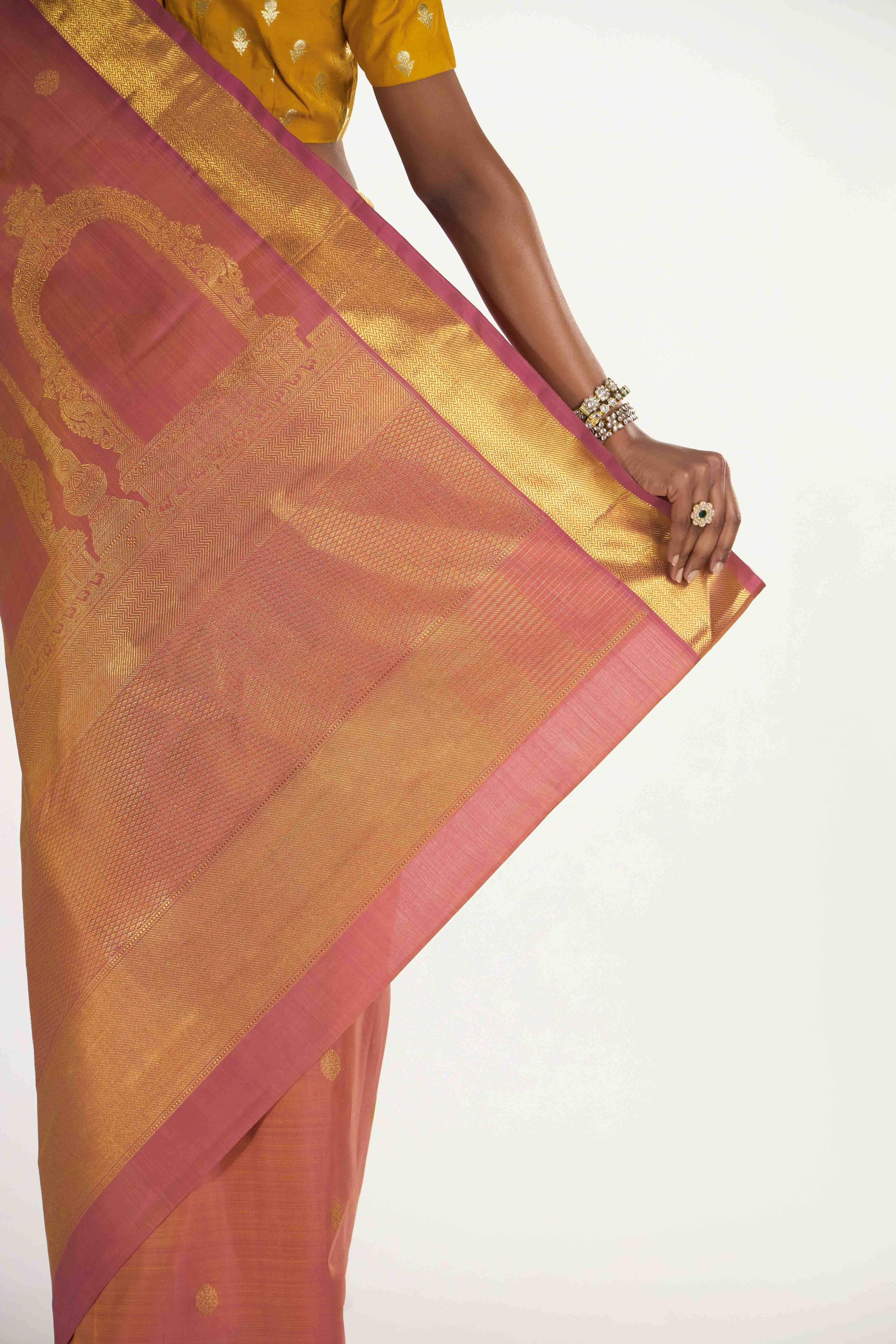 Thiruvakshi-Pure Silk Pure Gold Zari Mustard Yellow with Pink Dual Tone Kanchipuram Saree