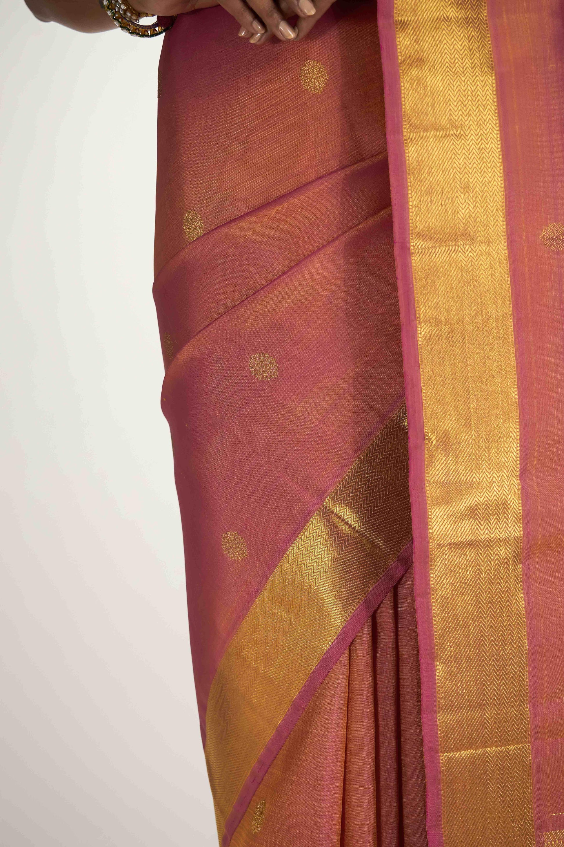 Thiruvakshi-Pure Silk Pure Gold Zari Mustard Yellow with Pink Dual Tone Kanchipuram Saree