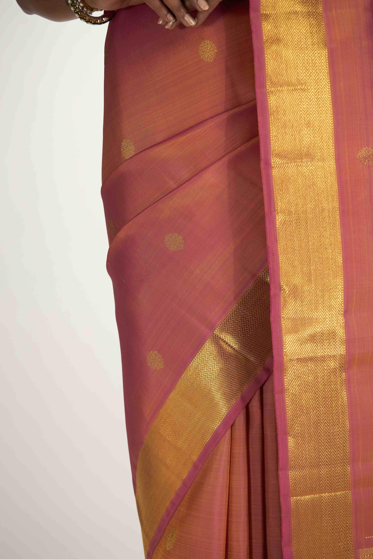 Thiruvakshi-Pure Silk Pure Gold Zari Mustard Yellow with Pink Dual Tone Kanchipuram Saree