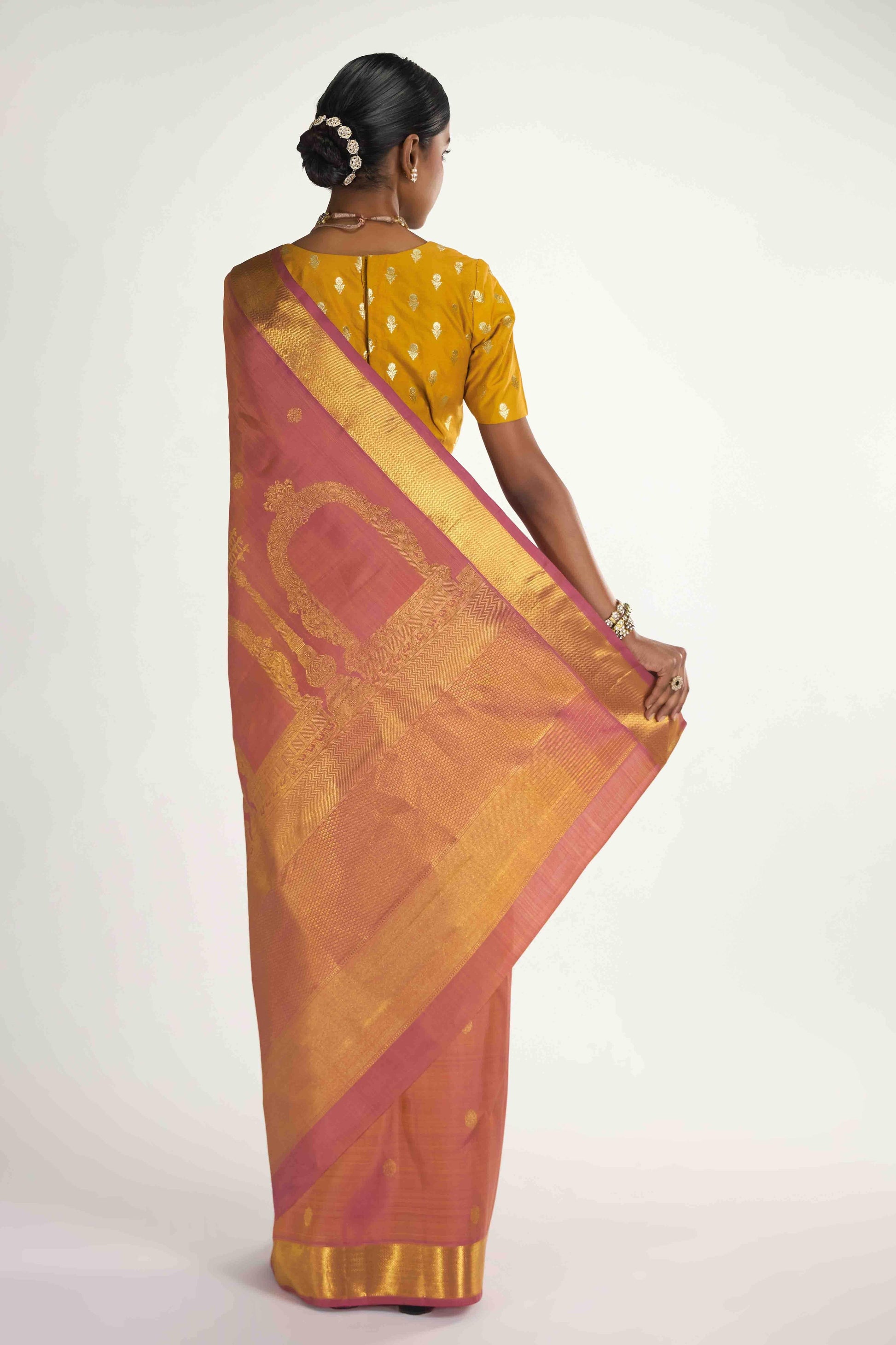 Thiruvakshi-Pure Silk Pure Gold Zari Mustard Yellow with Pink Dual Tone Kanchipuram Saree