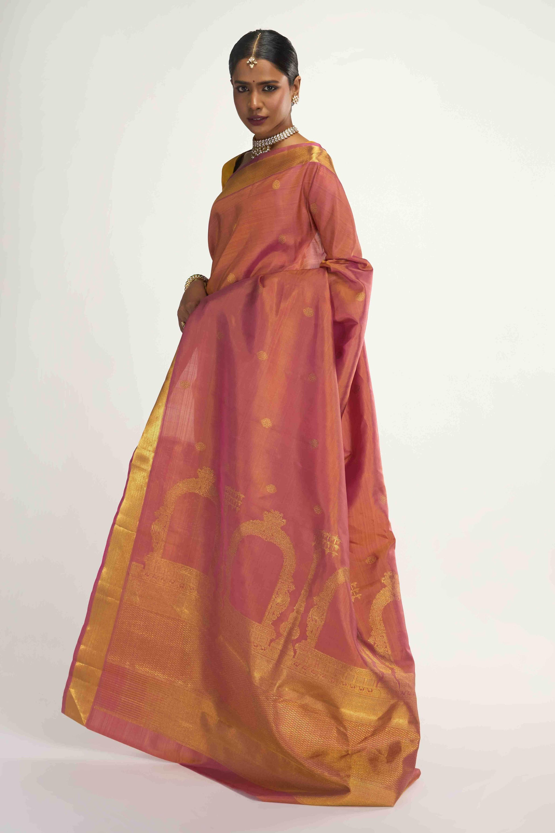 Thiruvakshi-Pure Silk Pure Gold Zari Mustard Yellow with Pink Dual Tone Kanchipuram Saree