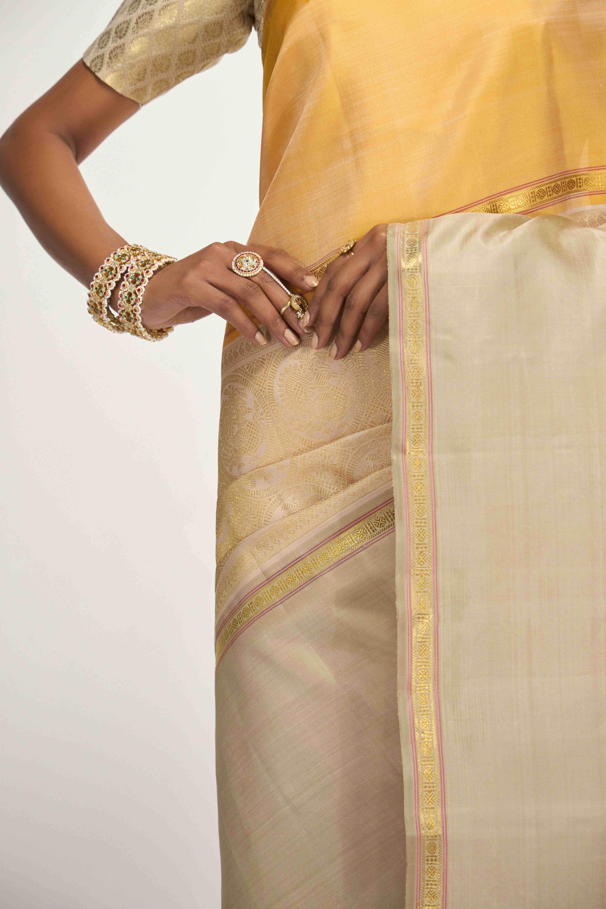 Nritya-Pure Silk Pure Gold Zari Off White Kanchipuram Saree