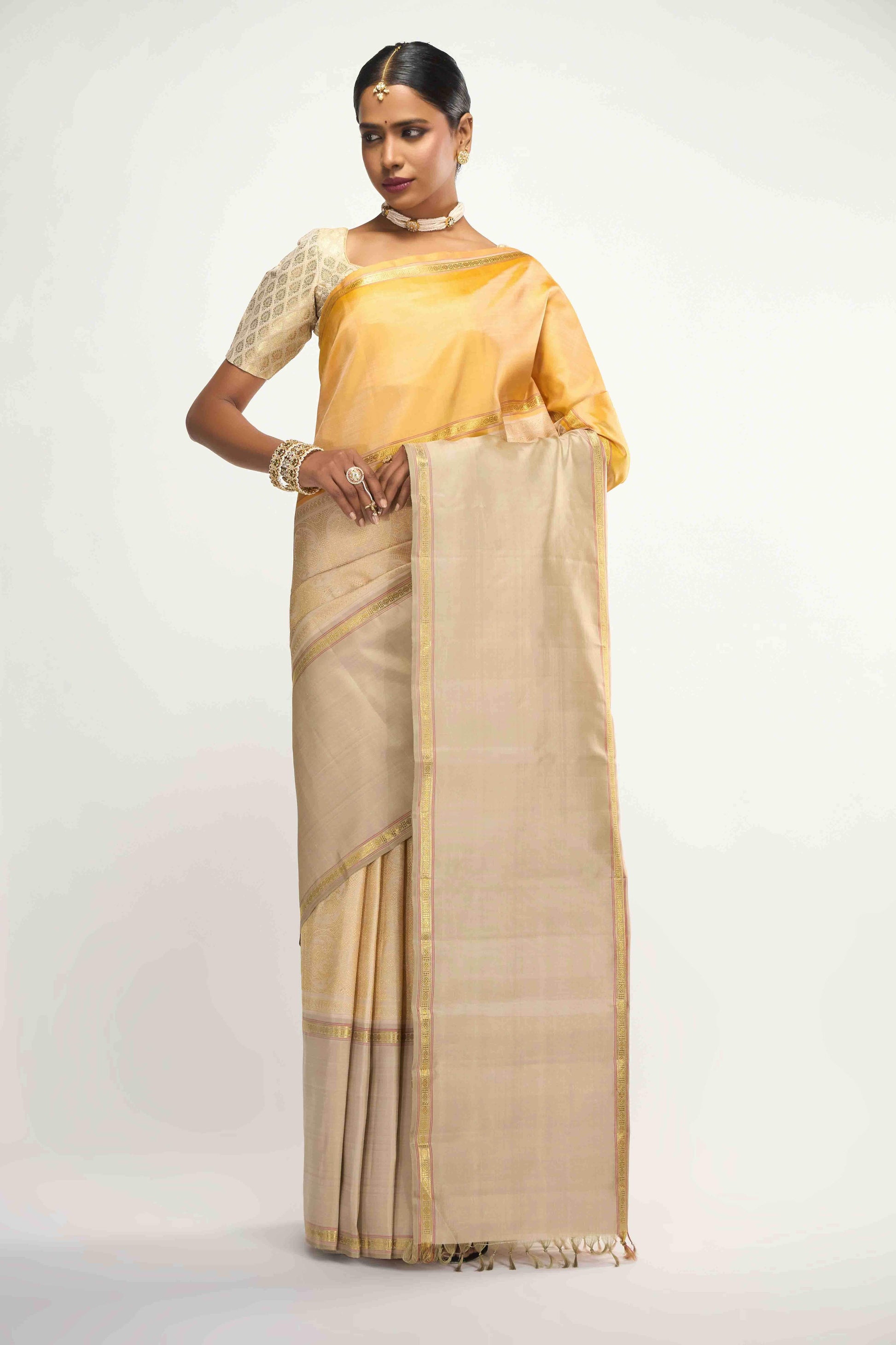 Nritya-Pure Silk Pure Gold Zari Off White Kanchipuram Saree