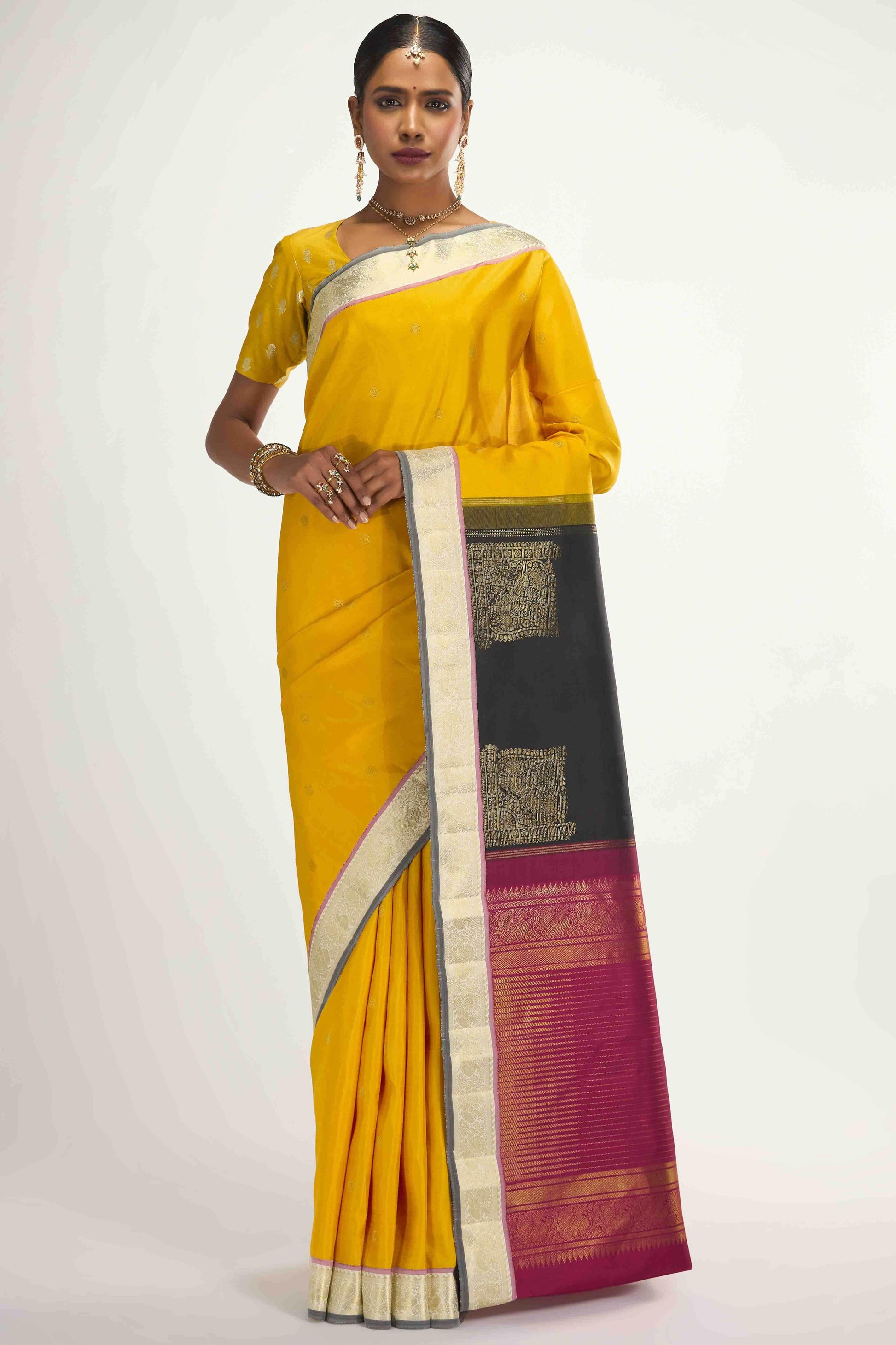 Dvisha-Pure Silk Pure Gold Zari Mustard Yellow Kanchipuram Saree