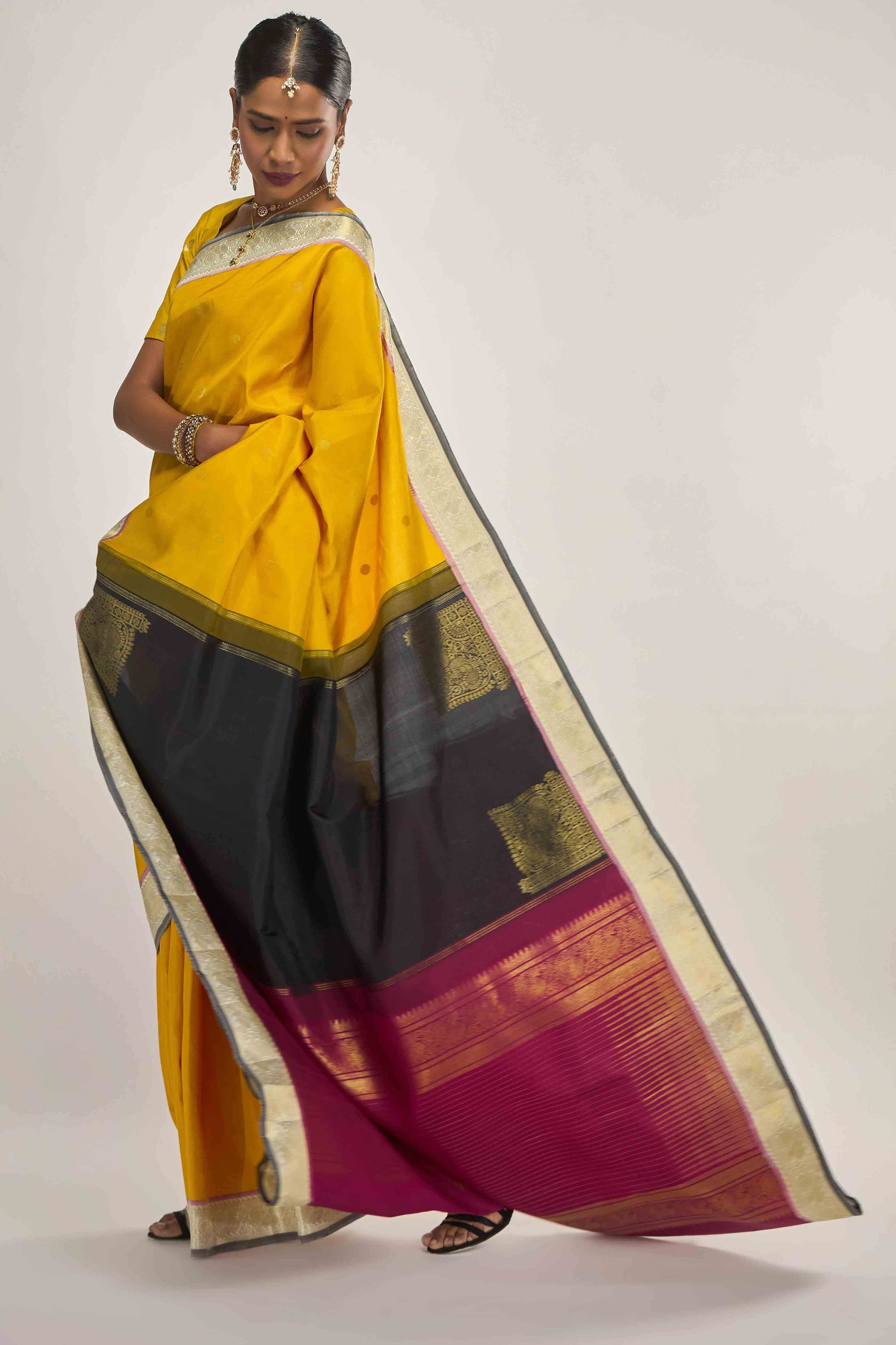 Dvisha-Pure Silk Pure Gold Zari Mustard Yellow Kanchipuram Saree