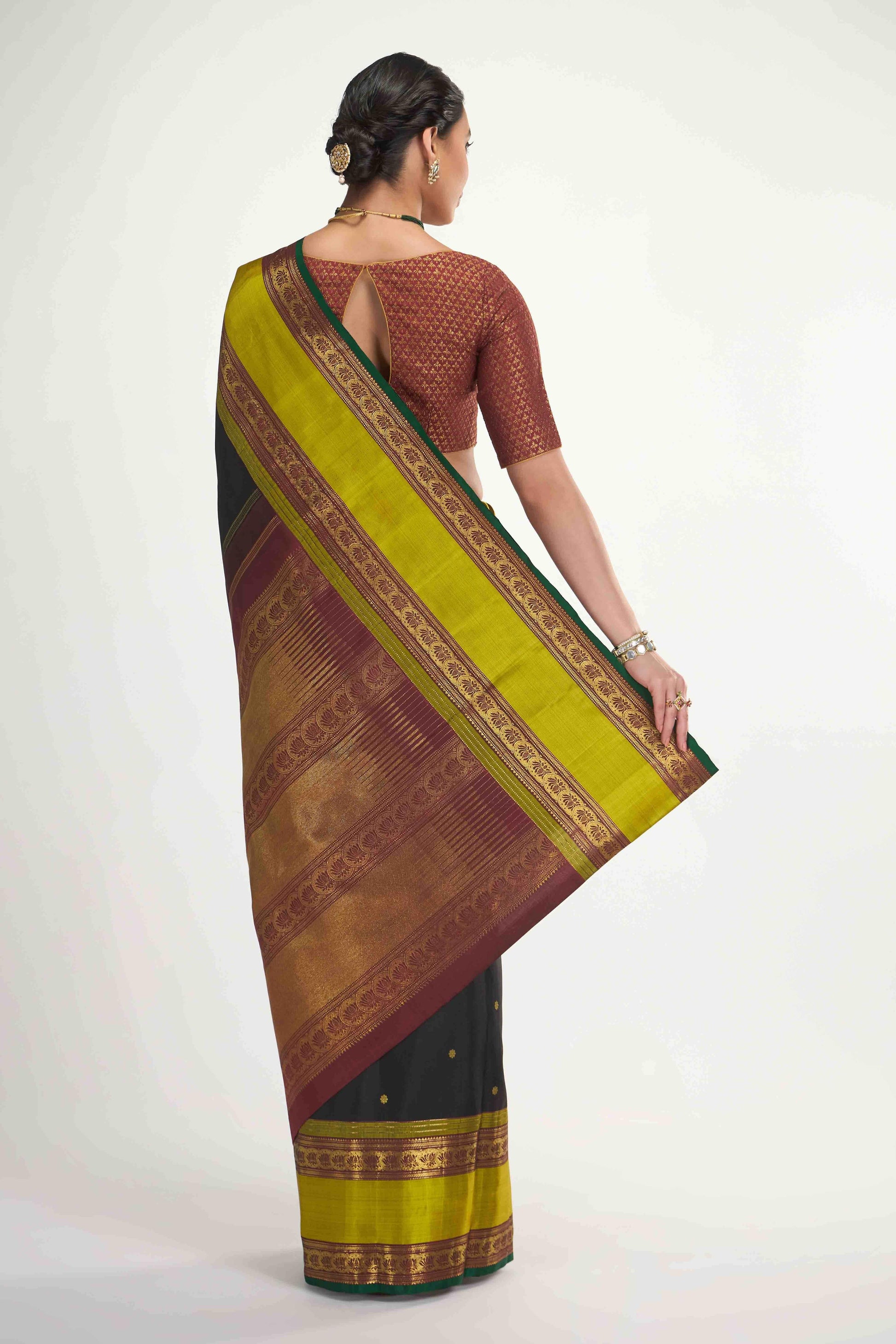 Tamira-Pure Silk Pure Gold Zari Black Kanchipuram Saree