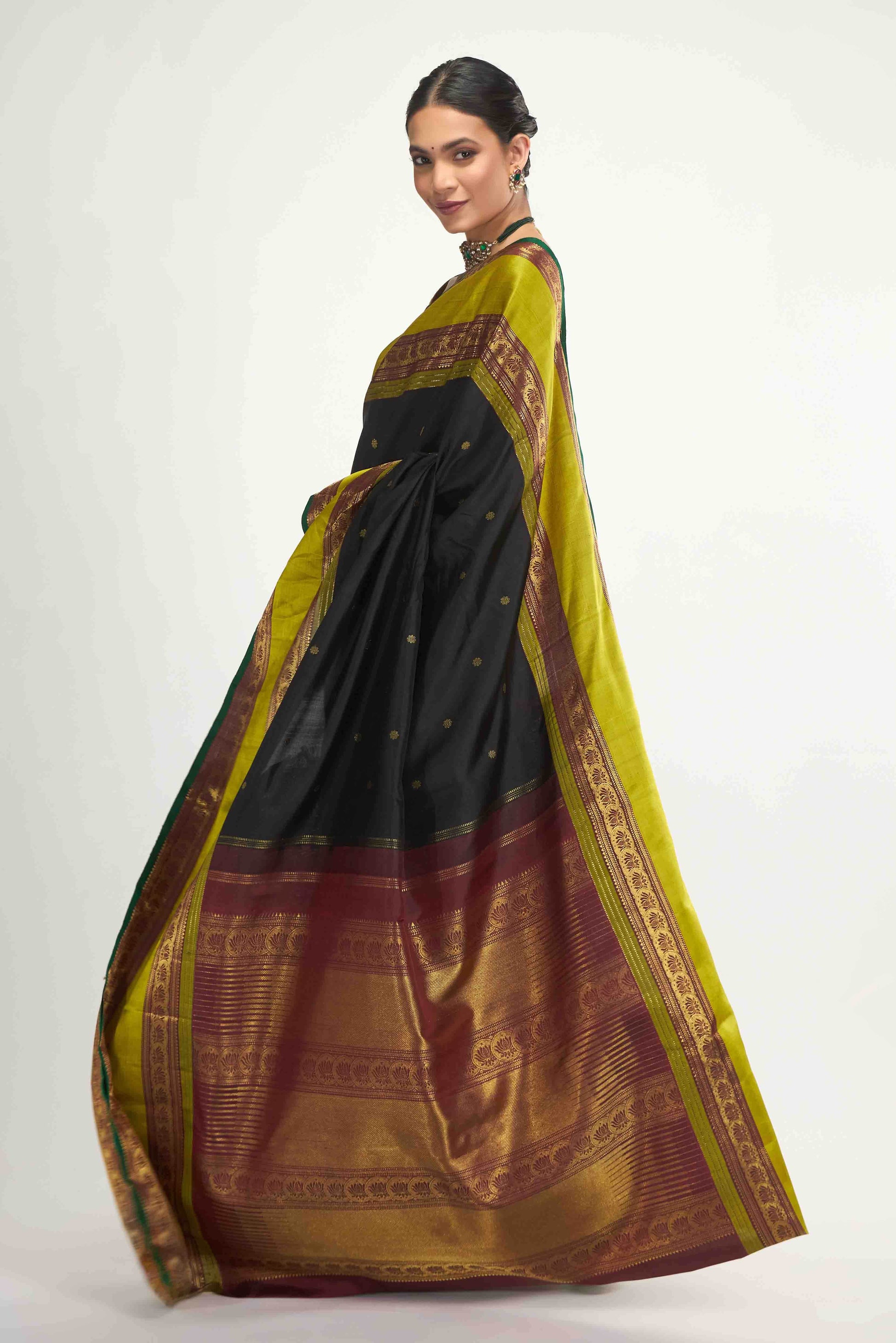Tamira-Pure Silk Pure Gold Zari Black Kanchipuram Saree