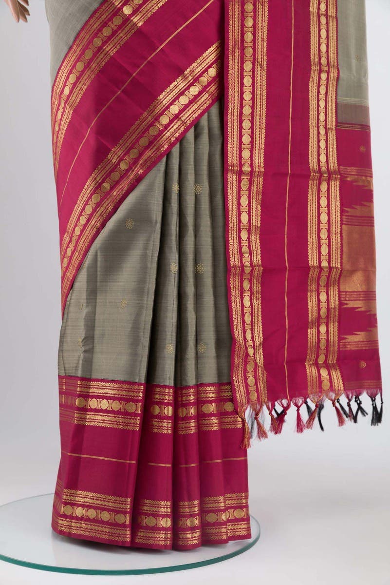 Kamala-Pure Silk Pure Gold Zari Narmadi Grey Kanchipuram Saree