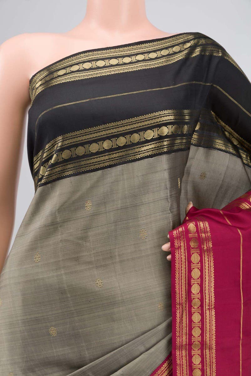 Kamala-Pure Silk Pure Gold Zari Narmadi Grey Kanchipuram Saree