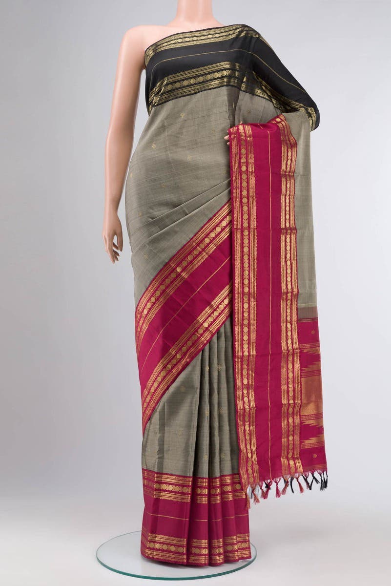 Kamala-Pure Silk Pure Gold Zari Narmadi Grey Kanchipuram Saree