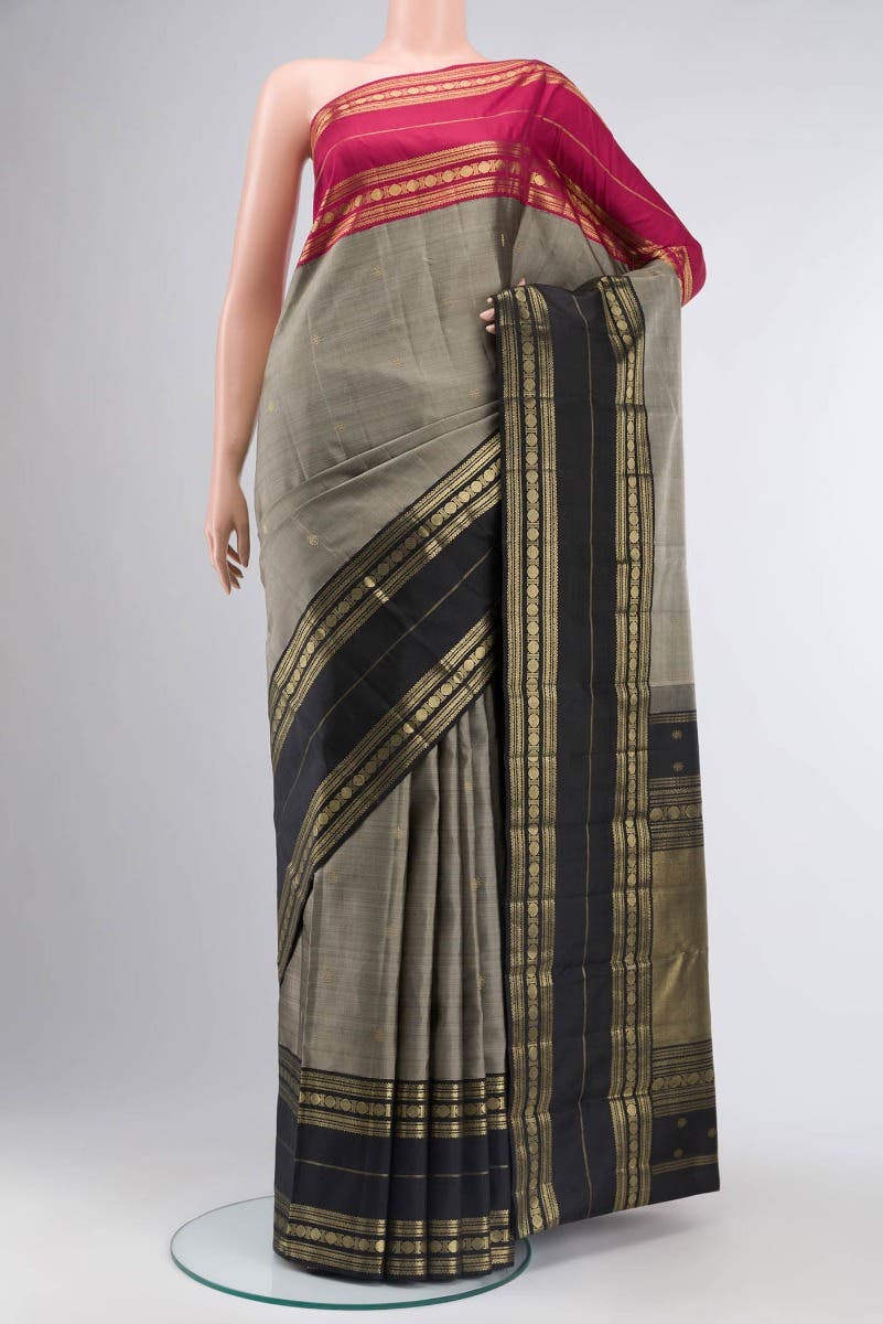 Kamala-Pure Silk Pure Gold Zari Narmadi Grey Kanchipuram Saree