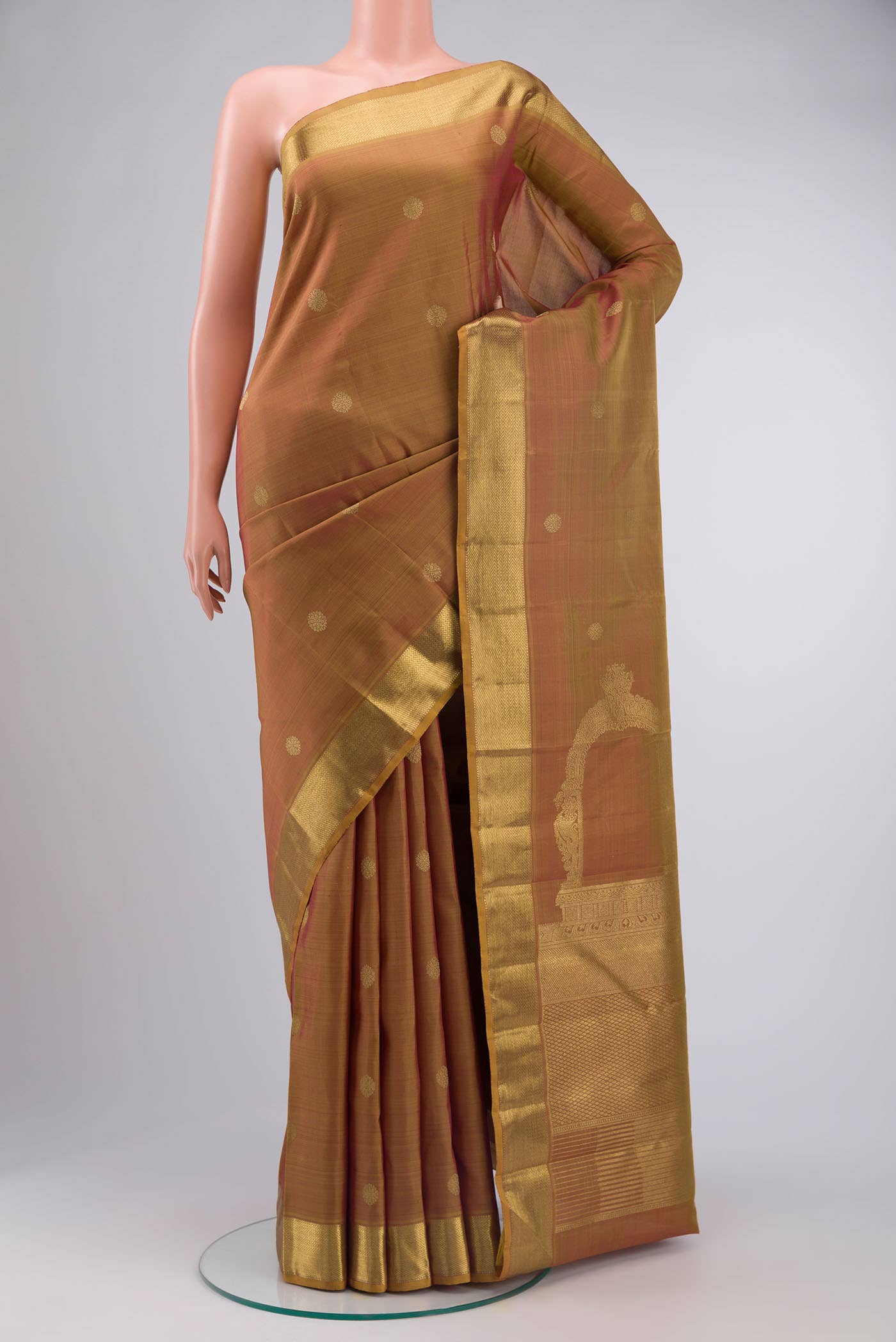 Thiruvakshi-Pure Silk Pure Gold Zari Yellow with Red Dual Tone Kanchipuram Saree