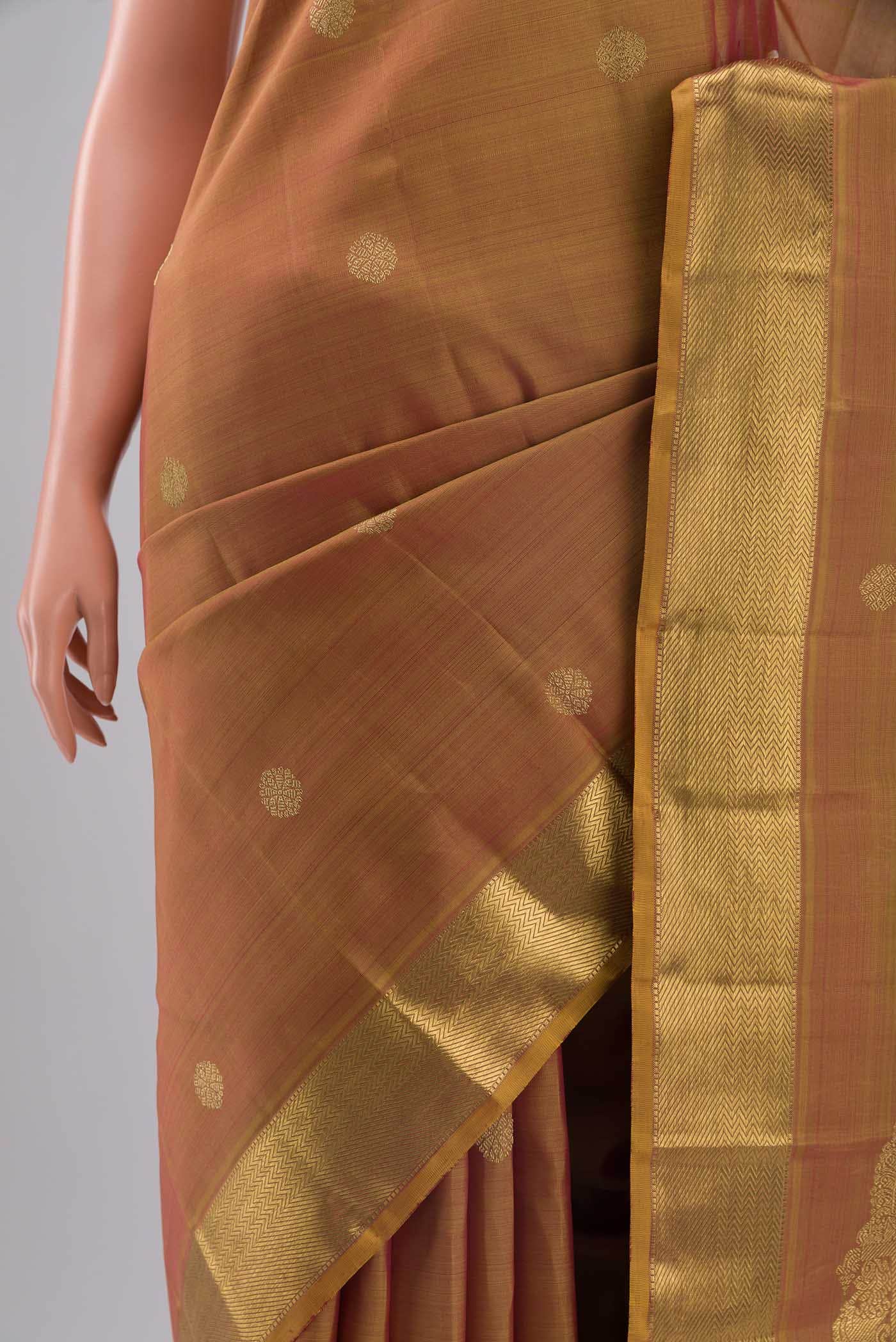 Thiruvakshi-Pure Silk Pure Gold Zari Yellow with Red Dual Tone Kanchipuram Saree